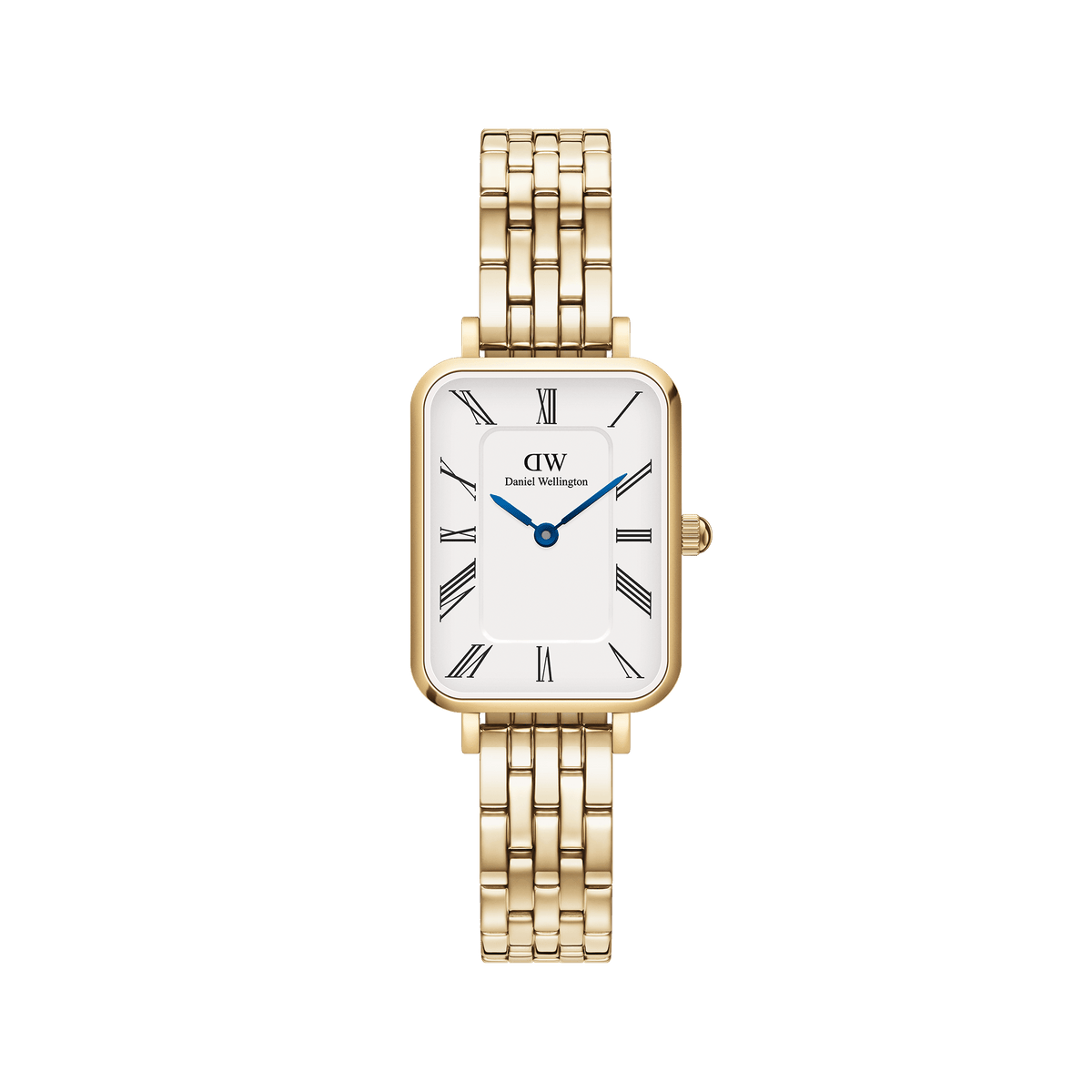 Daniel Wellington Quadro Roman Numerals 5-Link Goldの正面画像。ゴールドのレクタンギュラーケースにホワイトダイヤル、ローマ数字のインデックス、ブルーの針を配したスクエアフェイスの腕時計です。5リンクのゴールドブレスレットを組み合わせています。