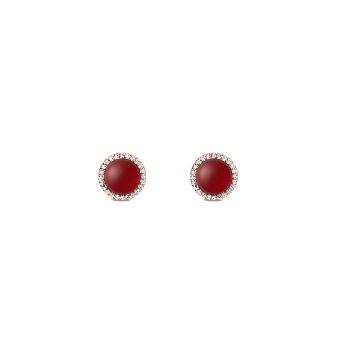 Daniel Wellington Audrey Earrings Red Agathe Rose Goldは、深紅の天然メノウをドーム型にカットし、ホワイトキュービックジルコニアのハローで縁取ったローズゴールドのスタッドピアスです。