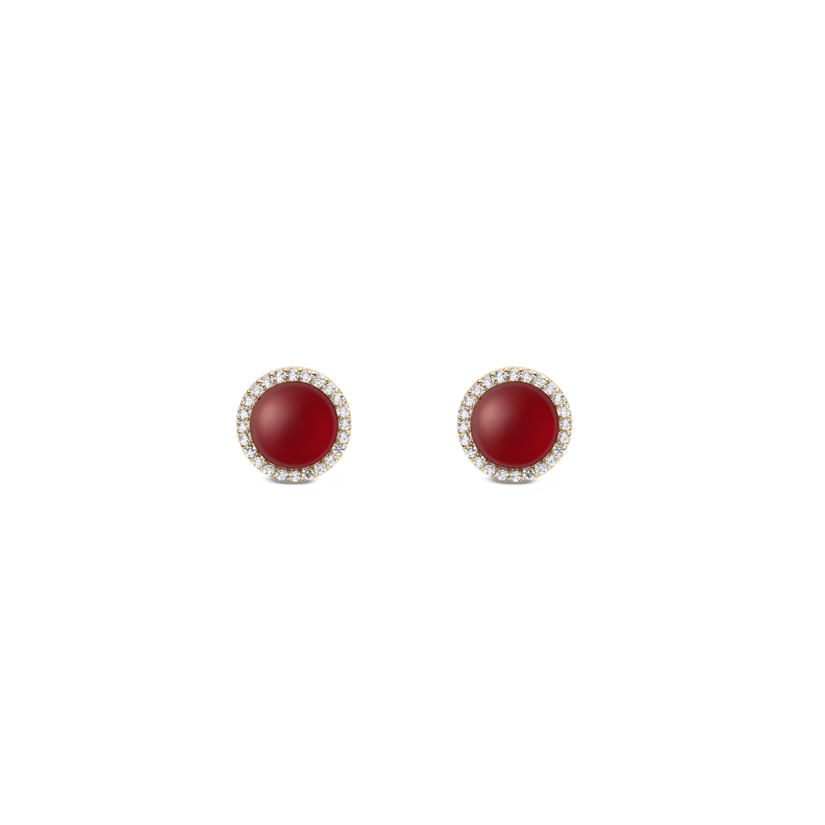 Daniel Wellington Audrey Earrings Red Agathe Goldは、深みのある赤メノウのカボションをホワイトキュービックジルコニアのハローが包み込む、ゴールドトーンのスタッドピアスです。