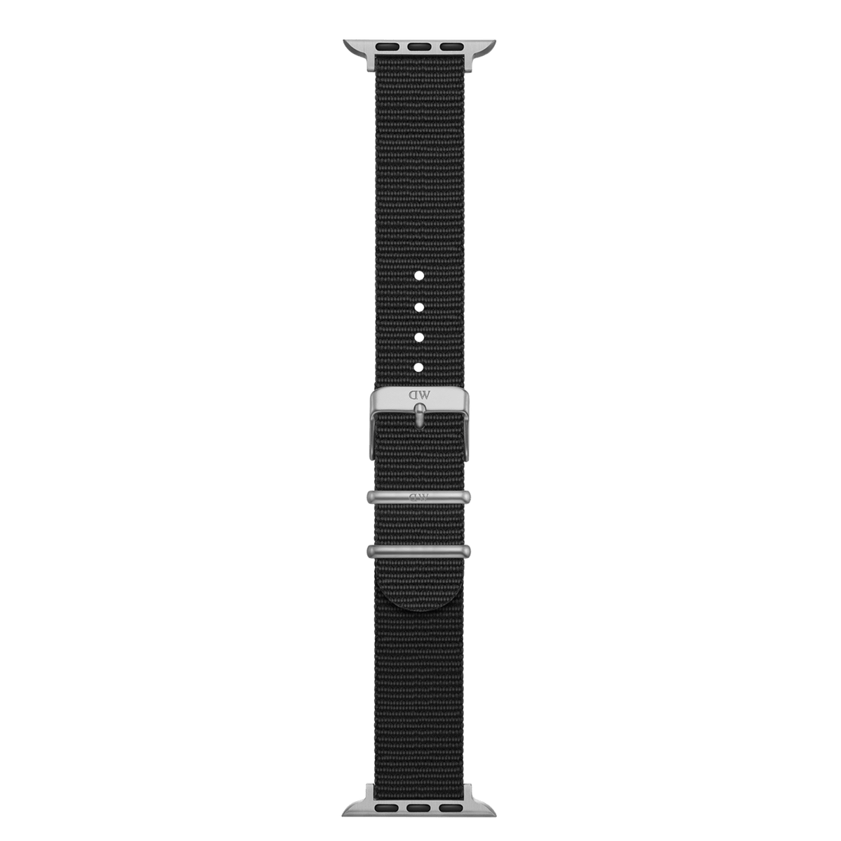 Apple Watch対応のDaniel WellingtonスマートウォッチストラップNATOを、縦に伸ばした状態で撮影した画像です。ブラックの織り地にシルバーのアダプター、ピンバックル、キーパーが配置され、ミニマルで端正なデザインが際立っています。