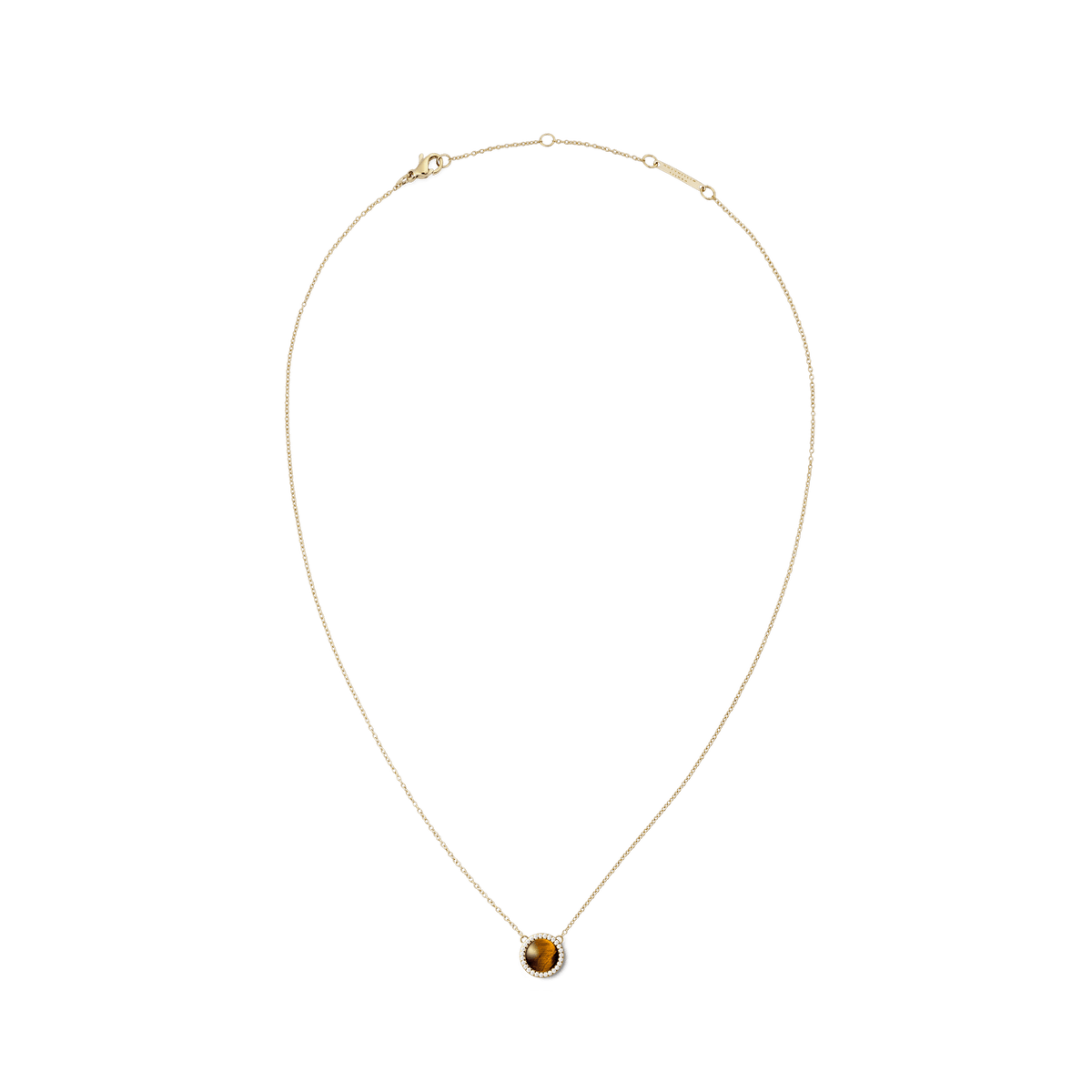ダニエルウェリントン Audrey Necklace Tiger Eye Goldの全体像です。細身のゴールドチェーンの中央に、ホワイトキュービックジルコニアで縁取られたドーム型のタイガーアイストーンをあしらったペンダントチャームが配置されています。ロブスタークラスプとブランドプレートも確認できます。