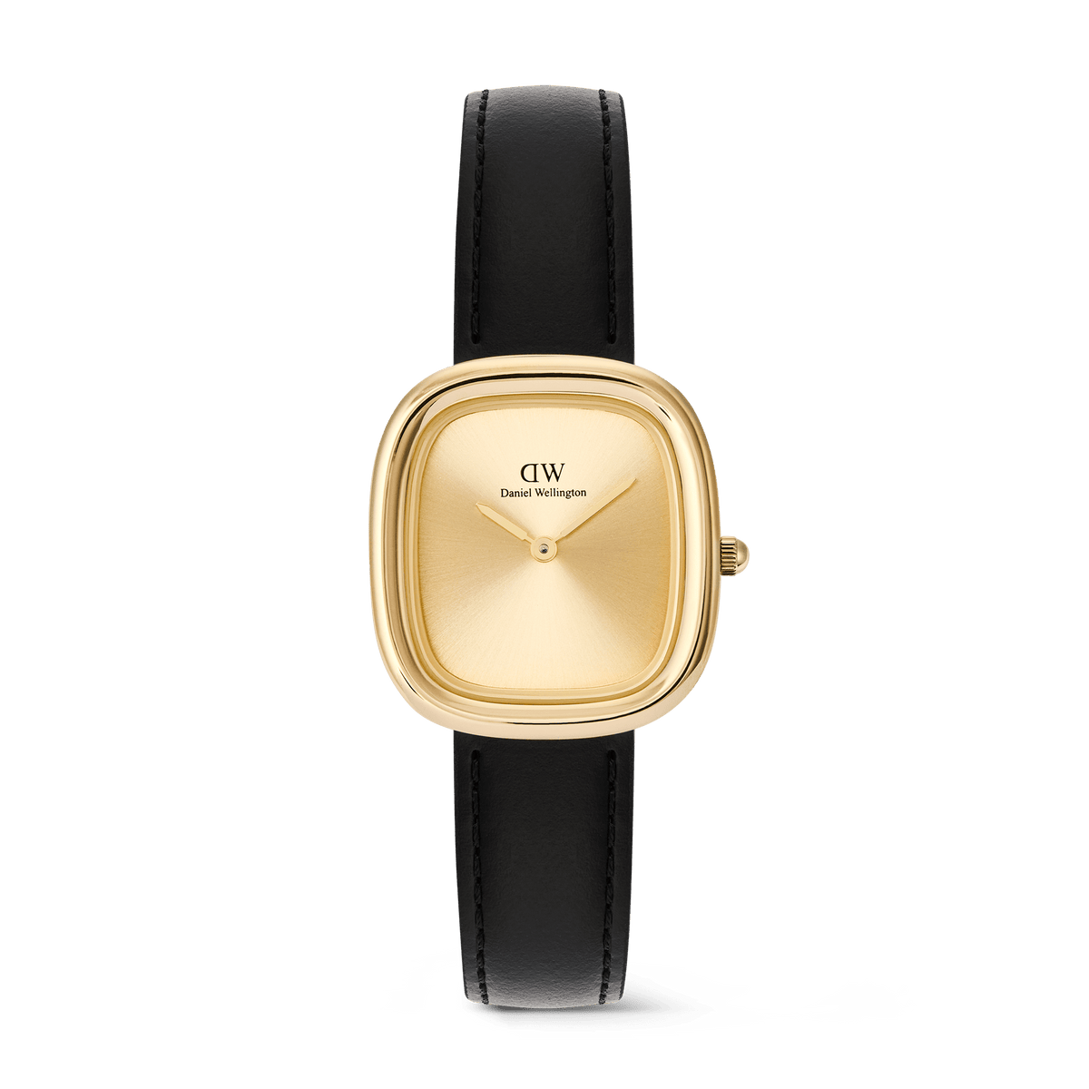 Daniel WellingtonのMargot Sheffield Unitone Sunray Goldです。ゴールドのサンレイダイヤルとポリッシュ仕上げのクッションケースに、ブラックレザーストラップを組み合わせたミニマルなデザインが特徴です。