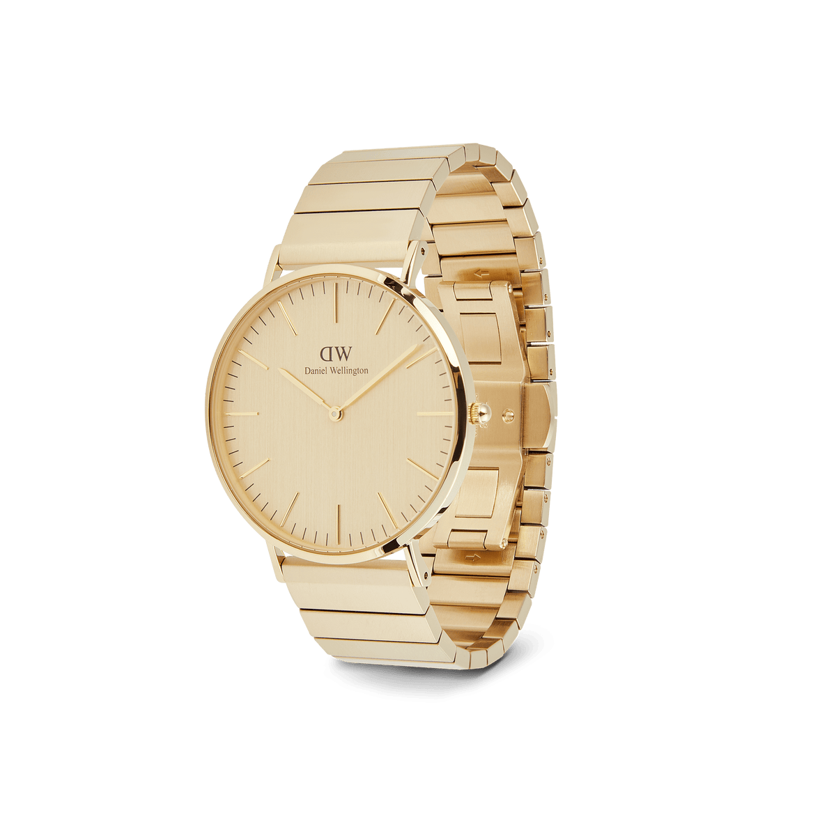 Daniel Wellington Classic Piano Link Gold Unitoneを斜め横から撮影した画像です。ゴールドで統一されたケースと文字盤、ピアノリンクブレスレットの一体感が際立ち、ブラッシュドとポリッシュの仕上げが交互に並ぶリンクの幾何学的な構造が確認できます。