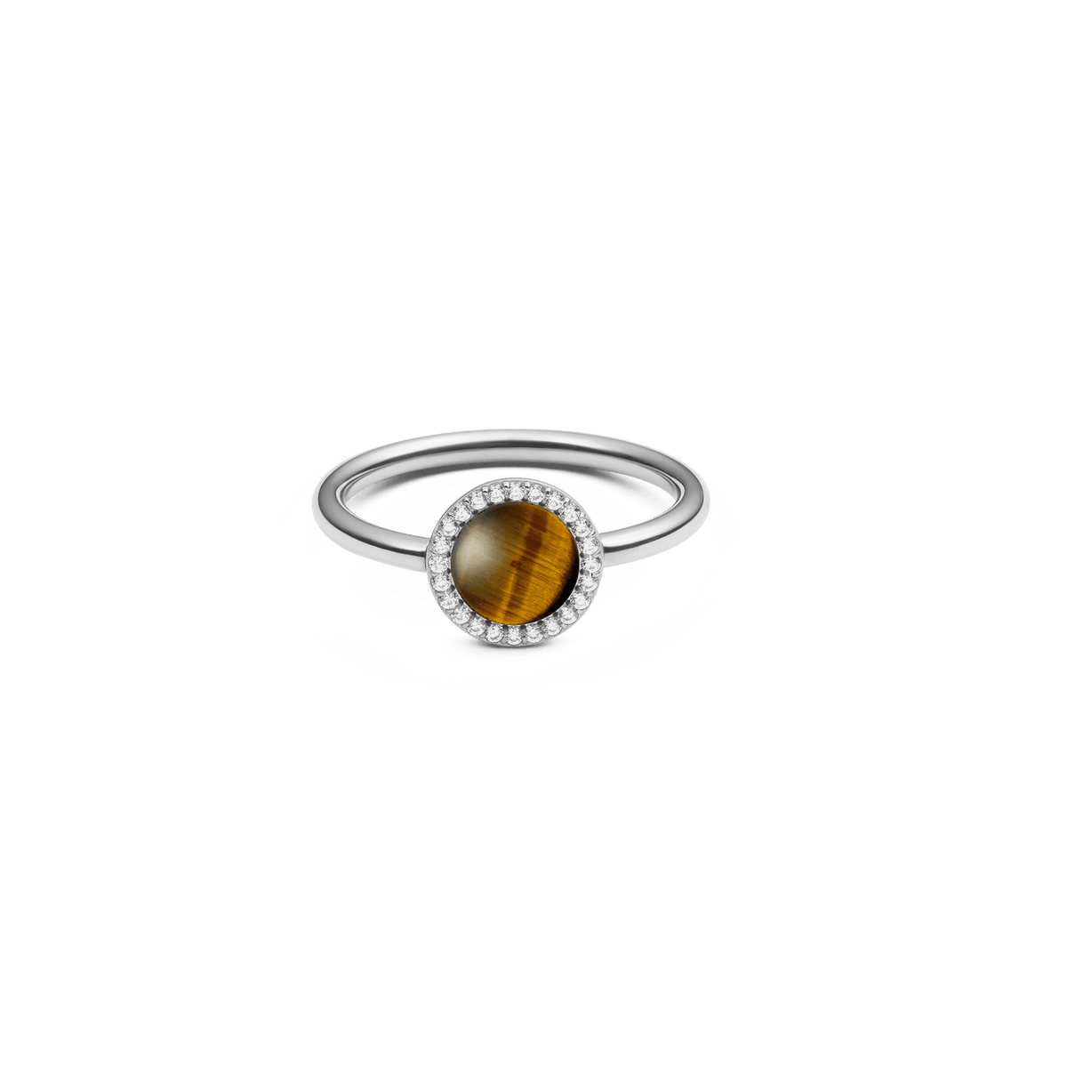 ダニエルウェリントン Audrey Ring Tiger Eye Silverの正面画像。ドーム型にカットされた琥珀色のタイガーアイを中央に配し、ホワイトキュービックジルコニアのヘイロー(光輪)セッティングが石を囲む細身のシルバーリングです。