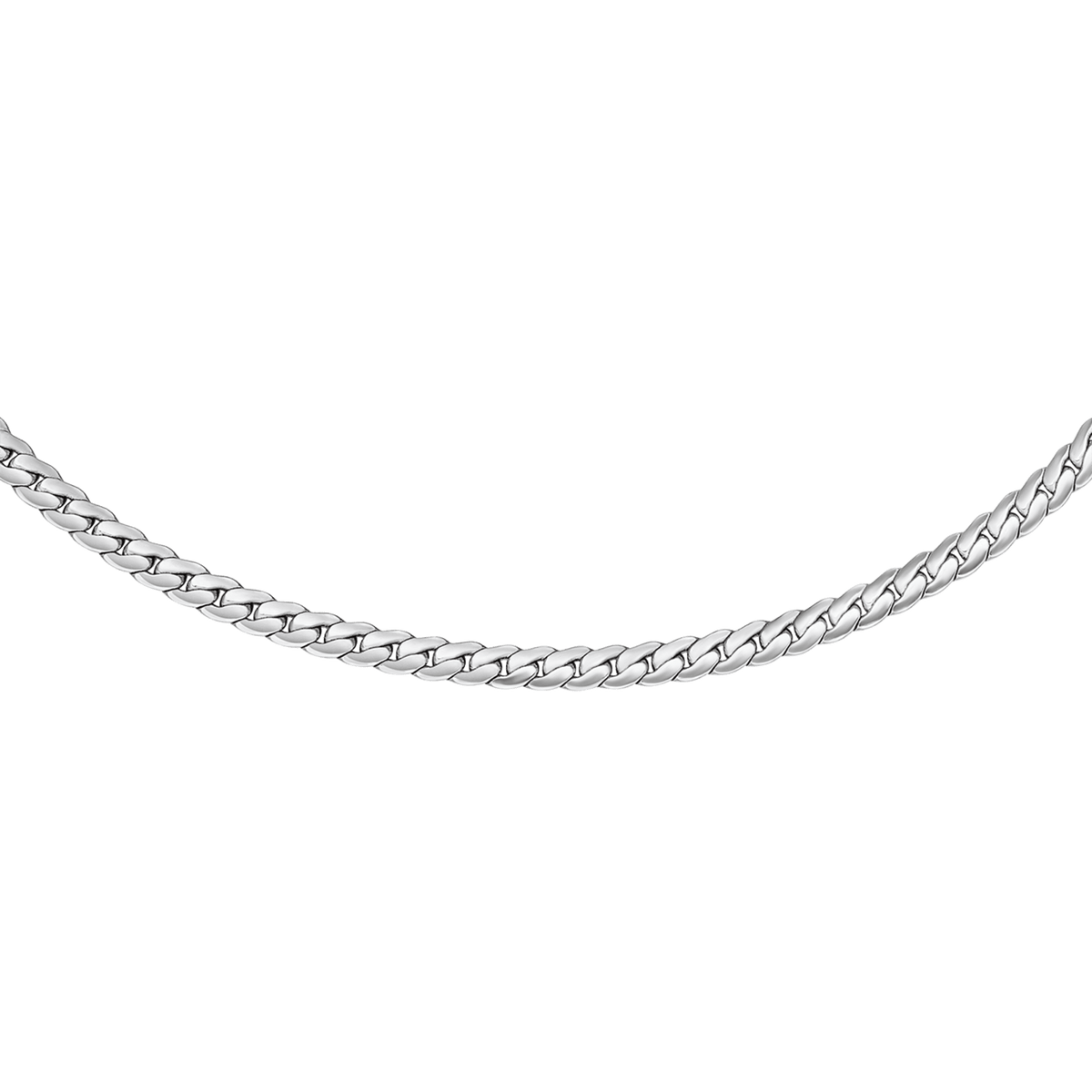 Daniel Wellington Flat Chain Necklace Sのシルバーフラットチェーン部分をクローズアップした画像です。コマが水平に連なり、滑らかな光沢を放つ緻密な編み目が特徴です。
