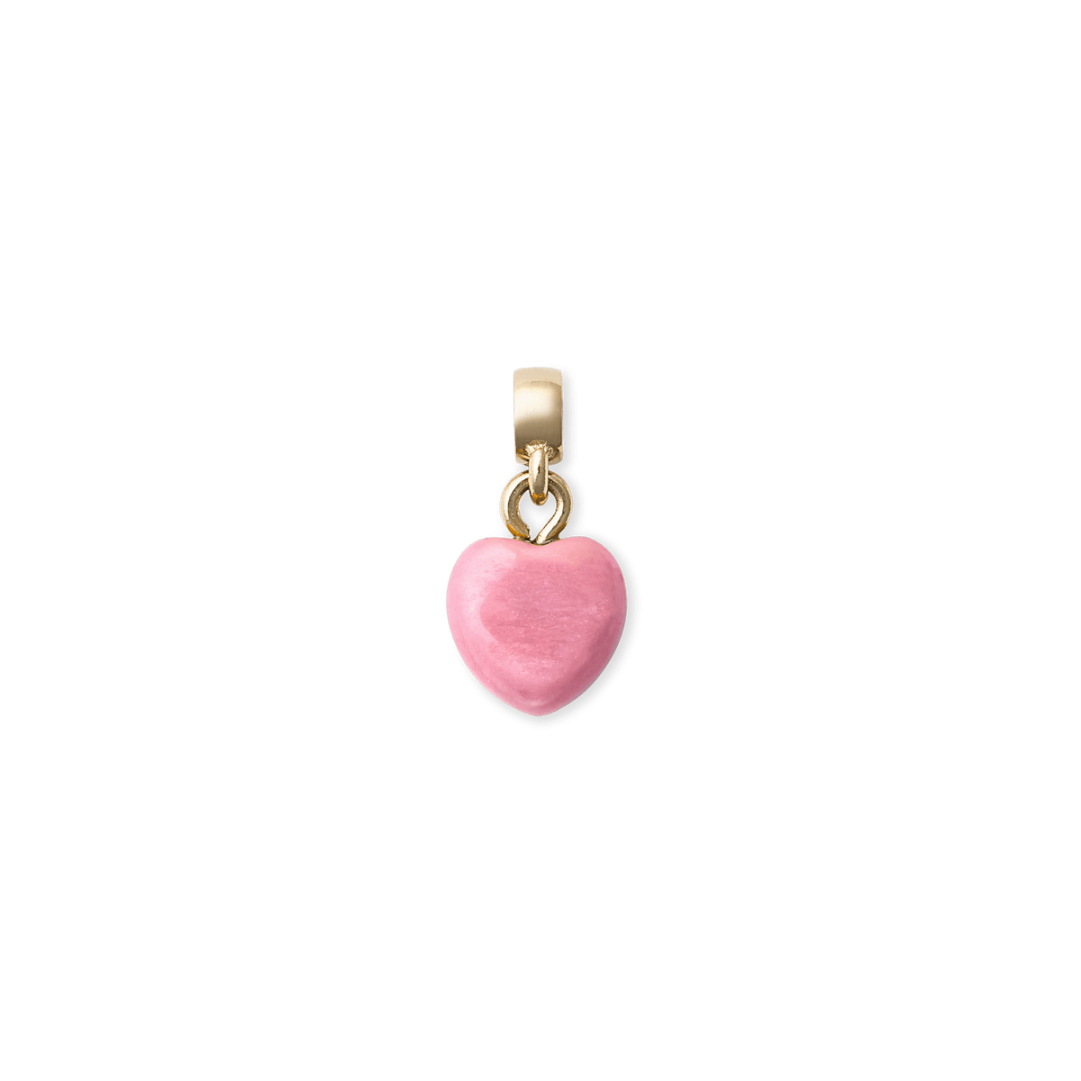 ダニエルウェリントン Rhondonite Heart Gold Charmの正面画像。ふっくらとした丸みのあるピンクのロードナイト天然石をハート型に仕上げ、ゴールドの金具で留めたチャームです。