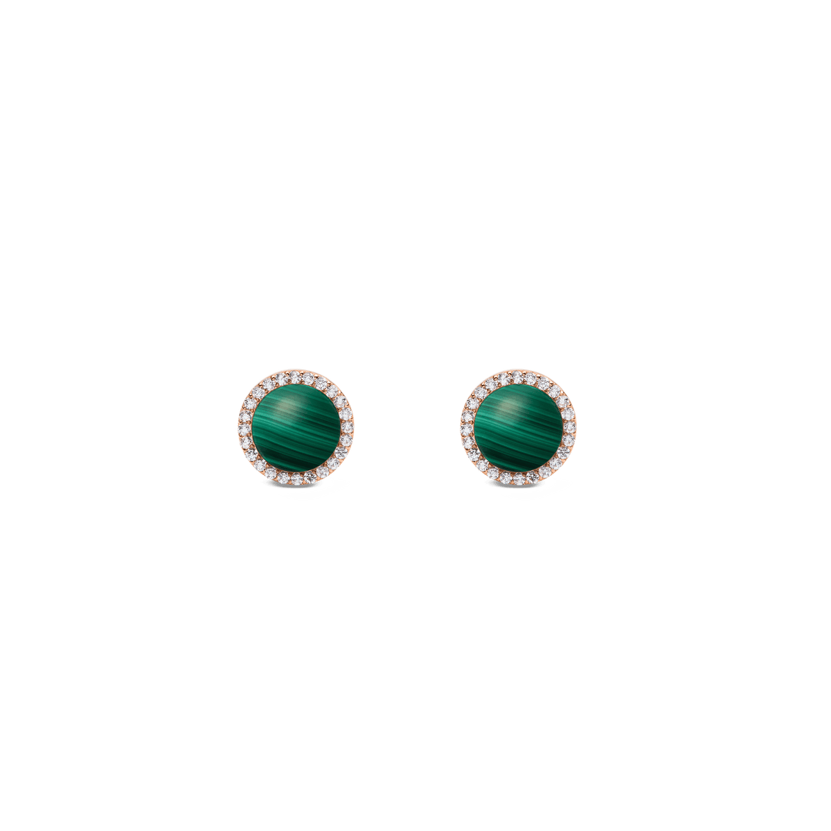 ダニエルウェリントン Audrey Earrings Malachite Rose Goldのスタッドピアスです。鮮やかなグリーンのマラカイトを中央にあしらい、ホワイトキュービックジルコニアのヘイローとローズゴールドのフレームが天然石の縞模様を際立たせるデザインです。