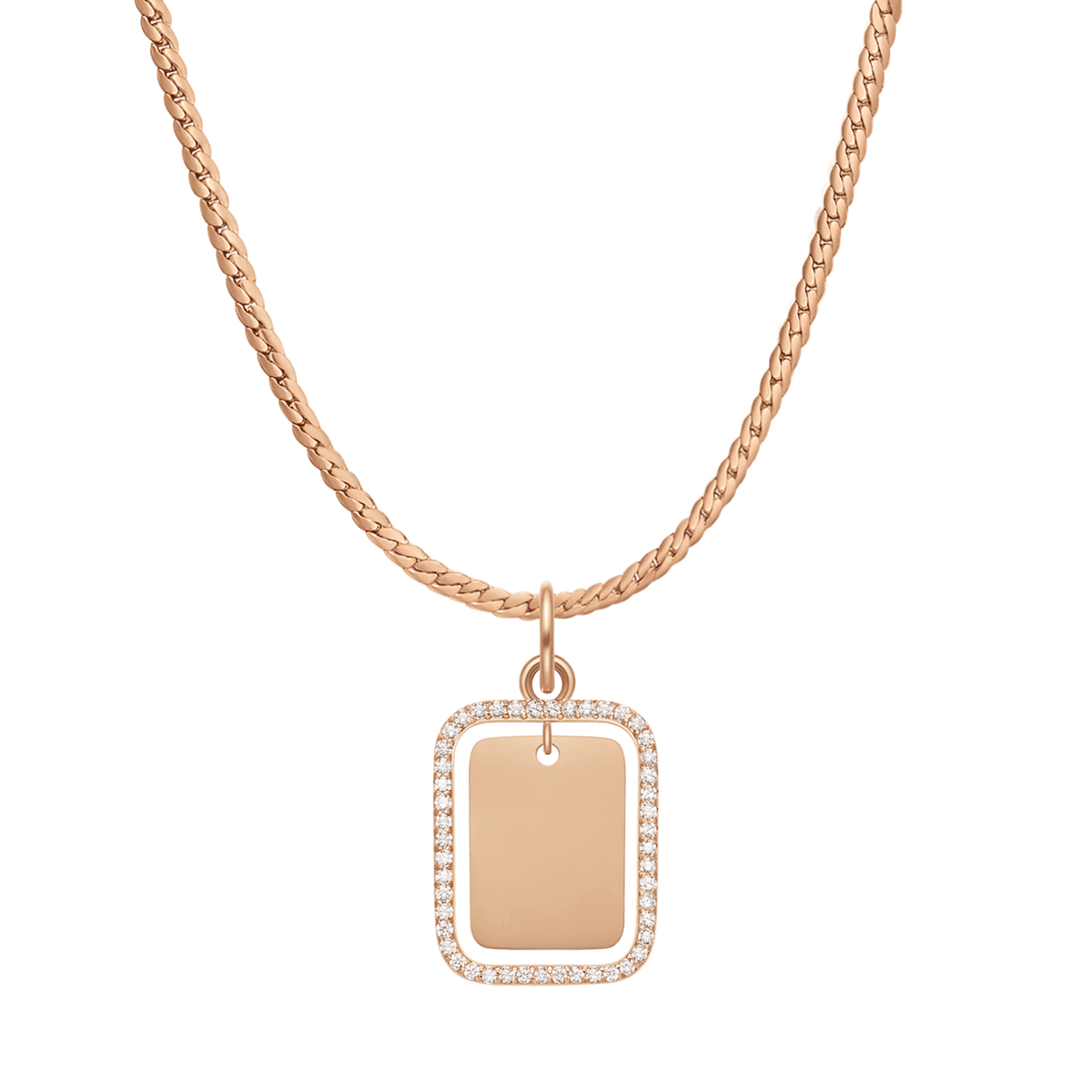 ローズゴールドのチェーンネックレスに通したRectangular Crystal Frame Pendantの全体像です。クリスタルフレームに囲まれたペンダントトップが、喜平チェーンと調和し、上品な輝きを放っています。