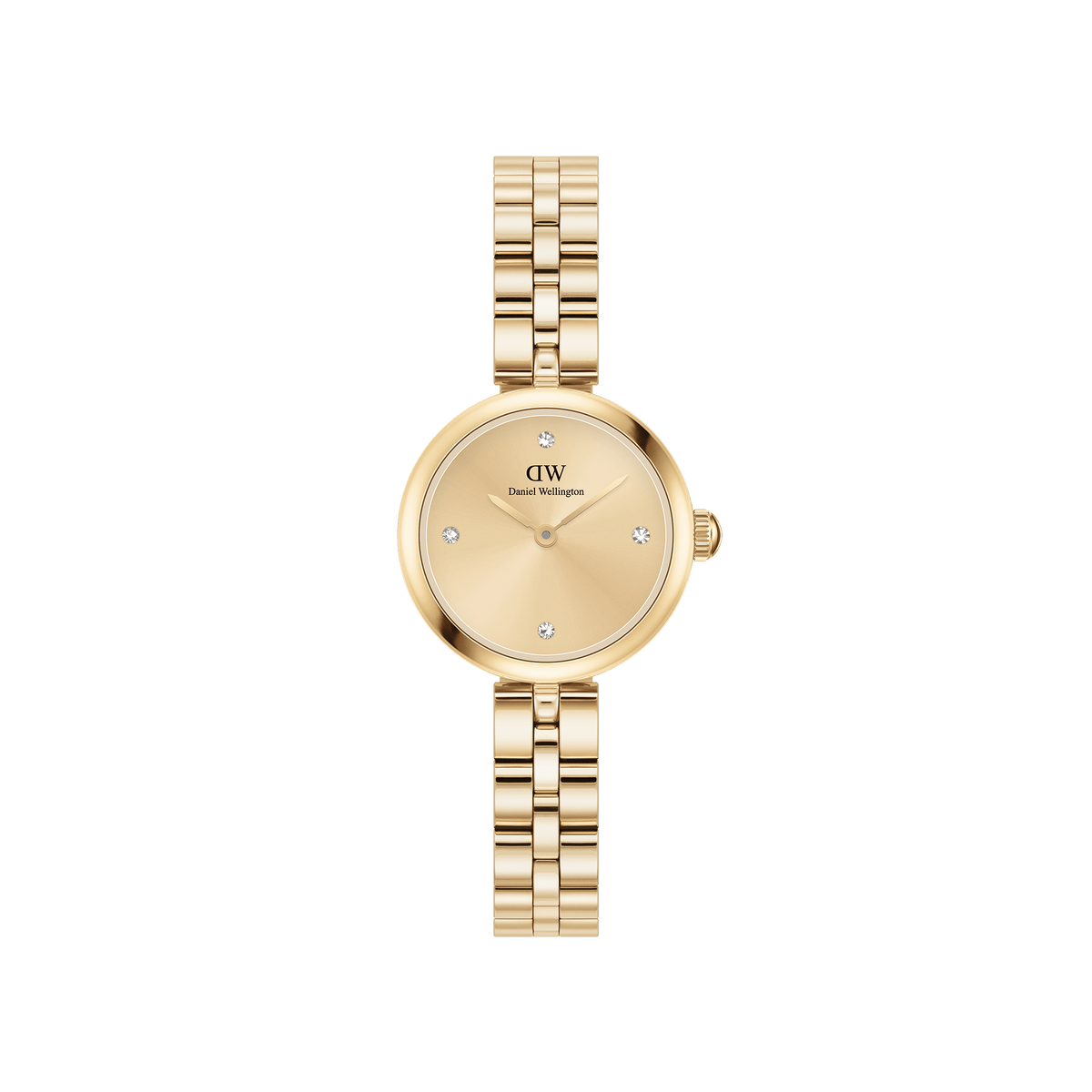 Daniel Wellington Elan Lumine Unitone Goldの正面画像です。ゴールドのサンレイダイヤルに5つのクリスタルインデックスを配し、ケースから3リンクストラップまでワントーンのゴールドで統一された、22mmサイズの女性向け腕時計です。