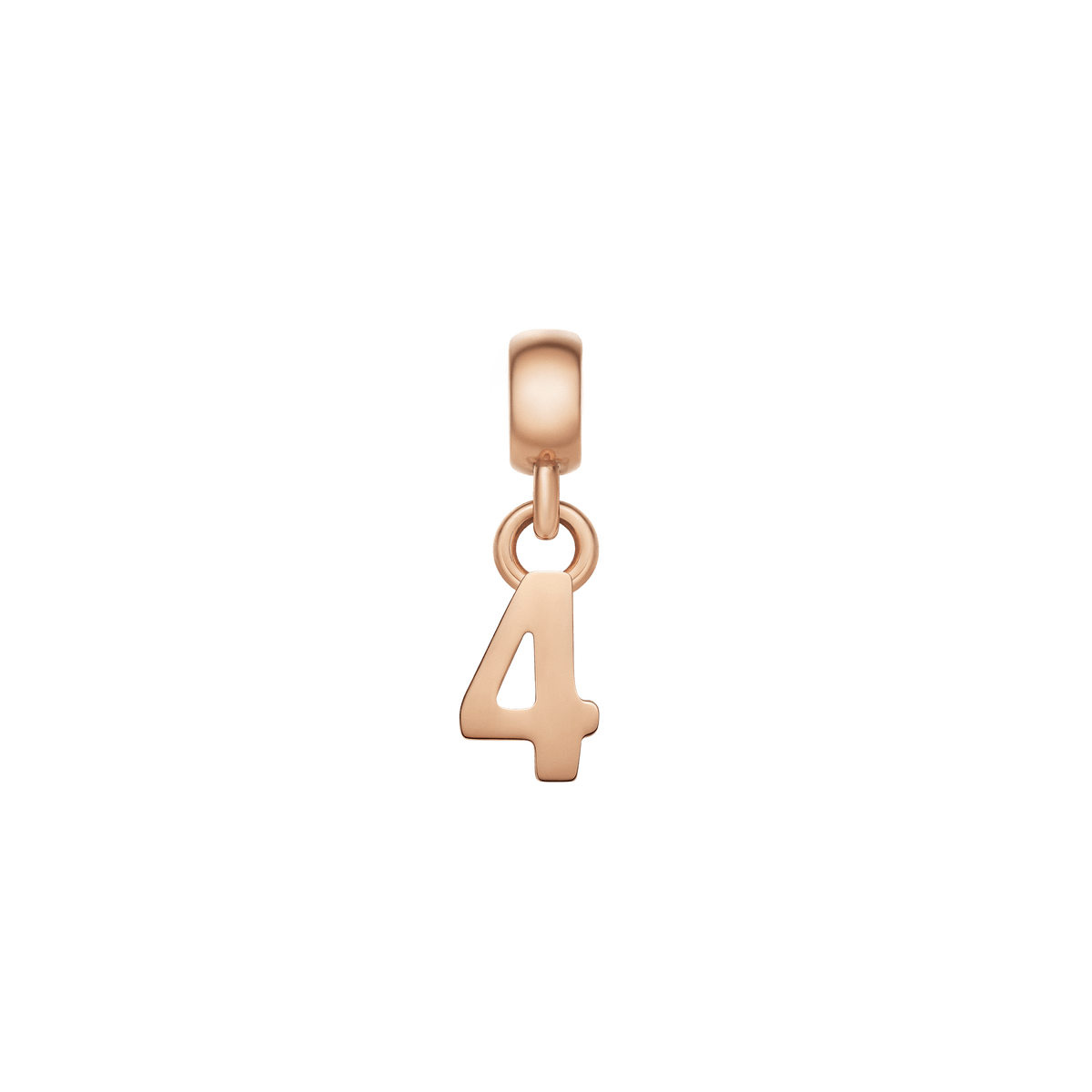 Daniel WellingtonのNumber Charm Rose Gold「4」。白い背景に映えるポリッシュ仕上げのローズゴールドが美しく、直線的でシャープなフォルムが際立つパーソナライズチャームです。