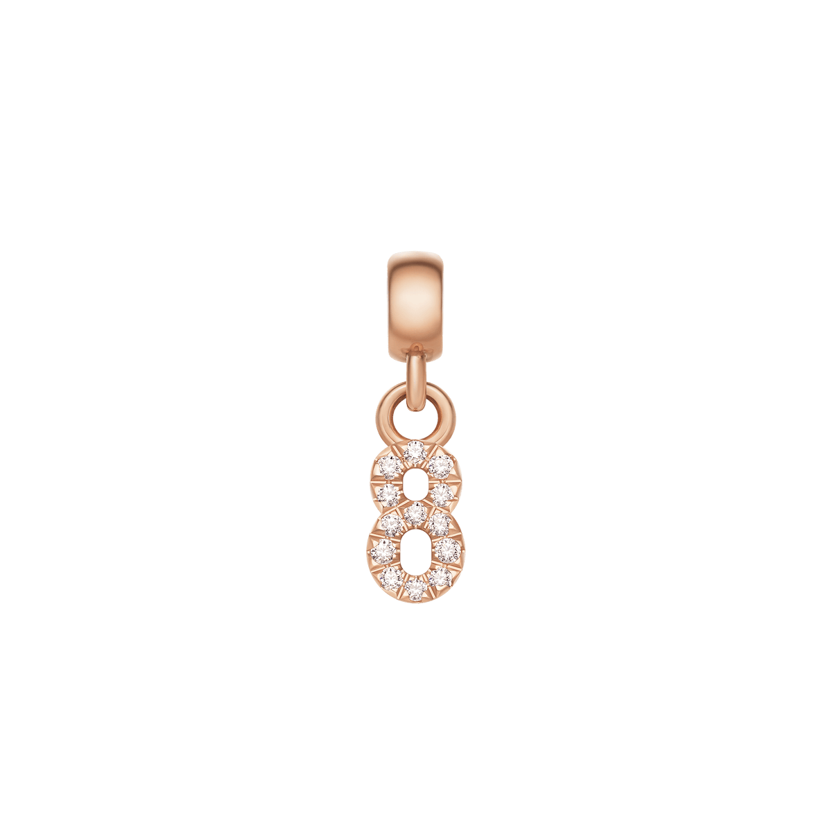 ダニエルウェリントンのCrystal Number Charm Rose Gold(数字の「8」モチーフ)の単体画像です。ローズゴールド仕上げのボディに、キュービックジルコニアが丁寧にセットされ、白い背景の中で繊細な輝きを放っています。