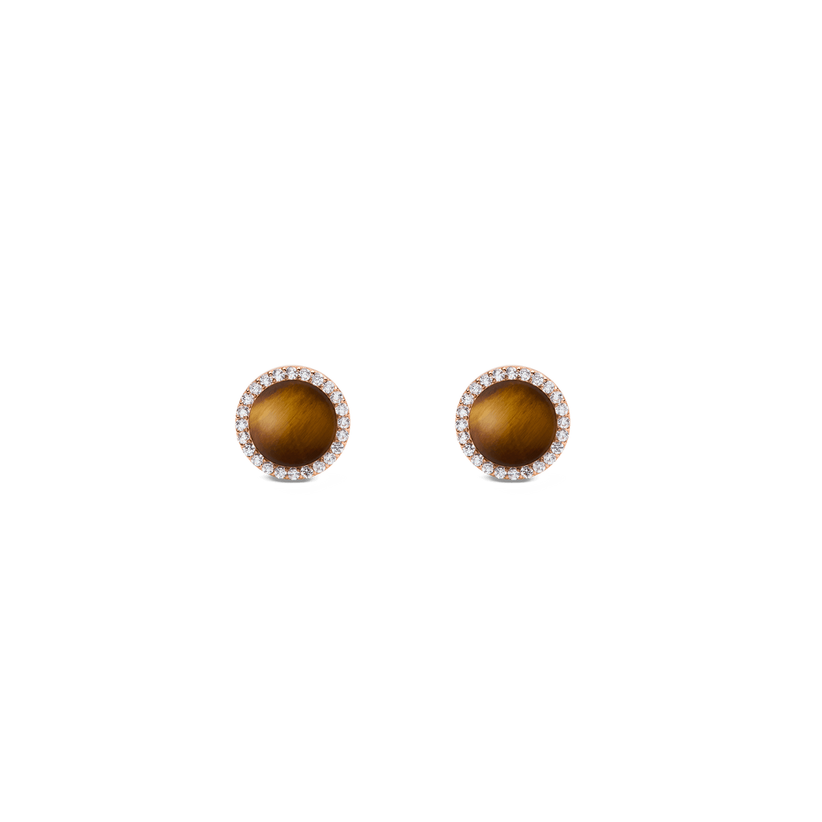 Daniel Wellington Audrey Earrings Tiger Eye Rose Goldは、ドーム型のタイガーアイをホワイトキュービックジルコニアのヘイローで囲んだスタッドピアスです。琥珀色からブラウンへと流れる絹糸のような縞模様が魅力的な一品です。