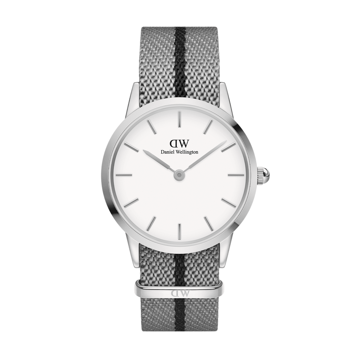 ダニエルウェリントン Iconic NATO Grey/Blackの正面画像。グレー地にブラックのストライプが入ったNATOナイロンストラップと、シルバーケースにオフホワイトの文字盤を組み合わせた36mmサイズのモデルです。