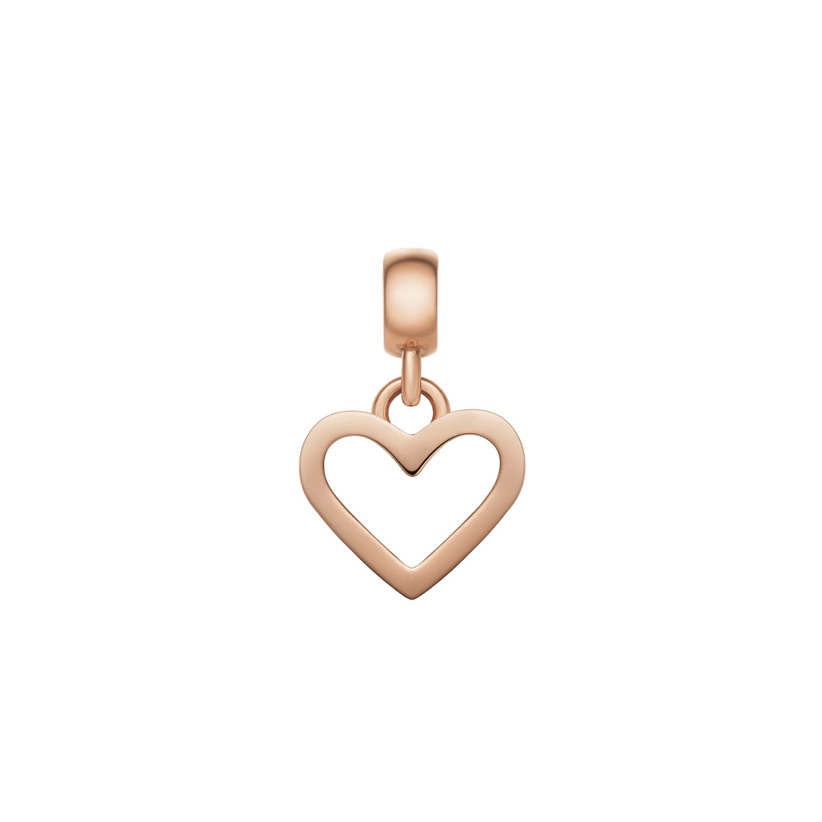 ダニエルウェリントン Heart Contour Charmのローズゴールド単体画像。オープンハートのシルエットをあしらった小ぶりなチャームで、ポリッシュ仕上げが上品な輝きを添えます。上部にはベイルが付いています。