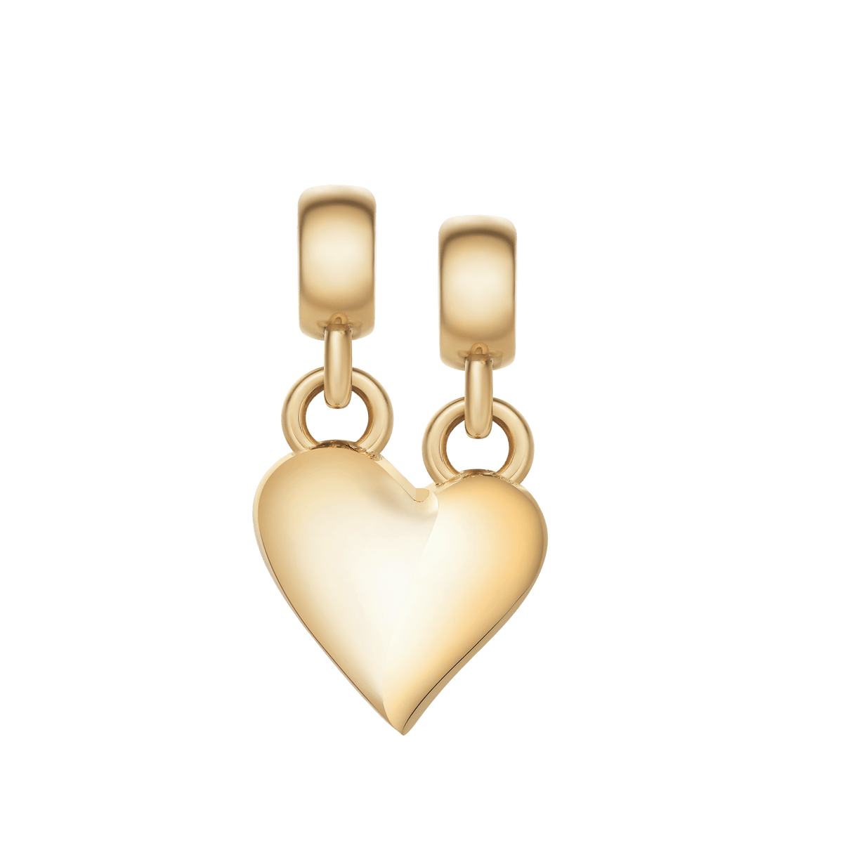 Daniel WellingtonのBroken Heart Charm Goldを2ピース組み合わせた状態です。ポリッシュ仕上げのゴールドカラーが上品な光沢を放ち、それぞれのピースにはチェーン用コネクターが付いたハート型チャームです。