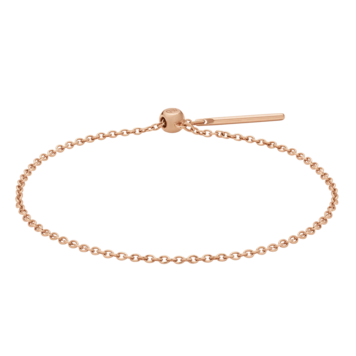 Daniel WellingtonのCharms Chain Bracelet ローズゴールドの全体像。細身のオーバルチェーンとスライド式留め具、バーチャームが白い背景に映えます。