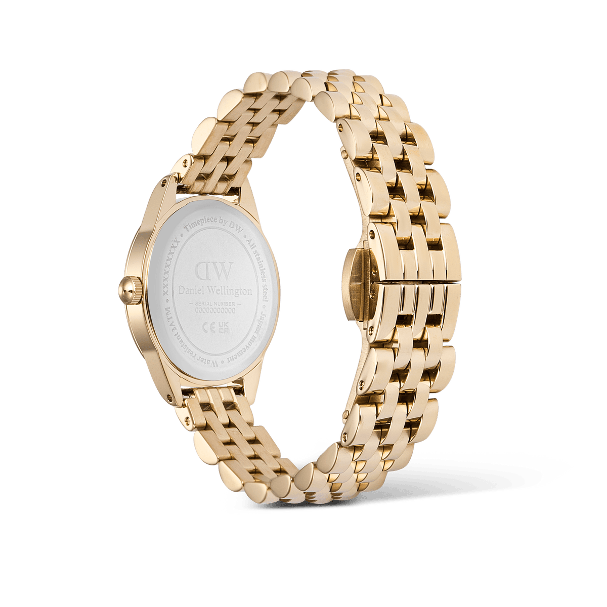 Ophelia Mini Goldを裏蓋側から見たカットで、Daniel Wellingtonのロゴが刻印されたケースバックと、ゴールドのビーンリンクブレスレットの精巧なリンク構造、バタフライバックルの収まり具合をご確認いただけます。