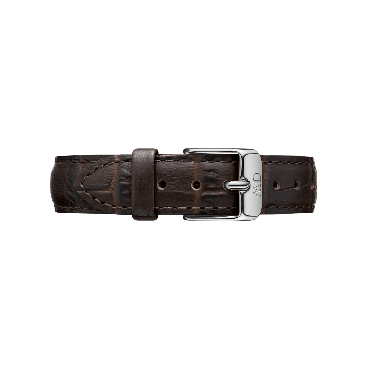 Daniel Wellington Yorkのシルバーストラップを正面から撮影した画像です。ダークブラウンのクロコ型押し本革に光が当たり、型押しの凹凸による自然な濃淡が美しく際立ちます。バックル部分を中心に、ベルト穴やループの細部まで丁寧な仕上がりが確認できます。