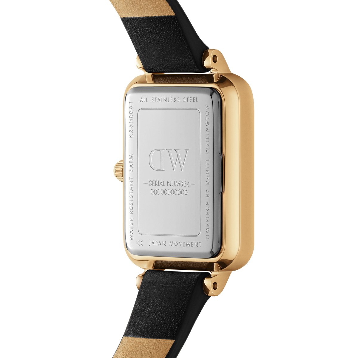 Quadro Roman Numerals Sheffield Goldの裏蓋側を撮影した画像です。ステンレススチール製の裏蓋にはDaniel Wellingtonのロゴやシリアルナンバーが刻印されており、ゴールドケースとブラックレザーストラップの接続部分の仕上げもご確認いただけます。