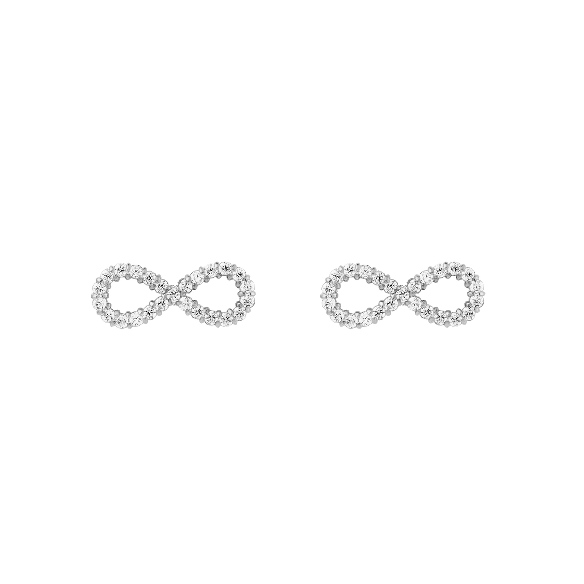 ダニエルウェリントン Mirelle Infinity Earringsのシルバースタッドピアス。インフィニティモチーフの曲線に沿ってホワイトキュービックジルコニアがセットされた、左右ペアの正面画像です。