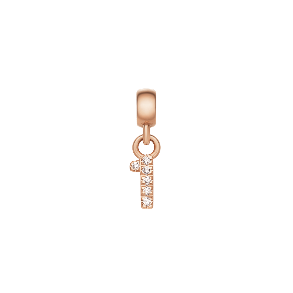 ローズゴールドのCrystal Number Charm Rose Goldは、数字の「1」をモチーフにしたデザインです。縦のラインに沿ってキュービックジルコニアが等間隔に配置され、シンプルなフォルムながらも上品な輝きを放ちます。
