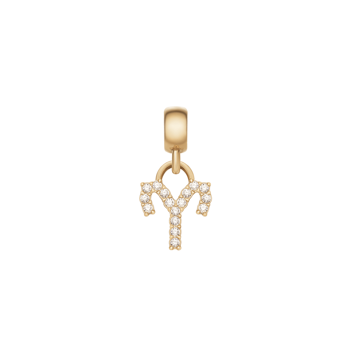 おひつじ座のCrystal Zodiac Charm Gold。牡羊の角をモチーフにしたアリエスのシンボルに沿ってキュービックジルコニアが輝き、ゴールドのベイルから繊細に揺れるチャームです。