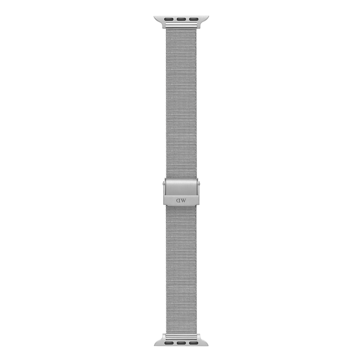 Apple Watch用Daniel Wellingtonスマートウォッチストラップ Mesh Silverの単体画像です。ストラップ全体を縦に伸ばした状態で、均一に編み込まれたシルバーメッシュの質感と、両端のApple Watch接続用ラグ、中央のロゴ入りクラスプがはっきりと確認できます。