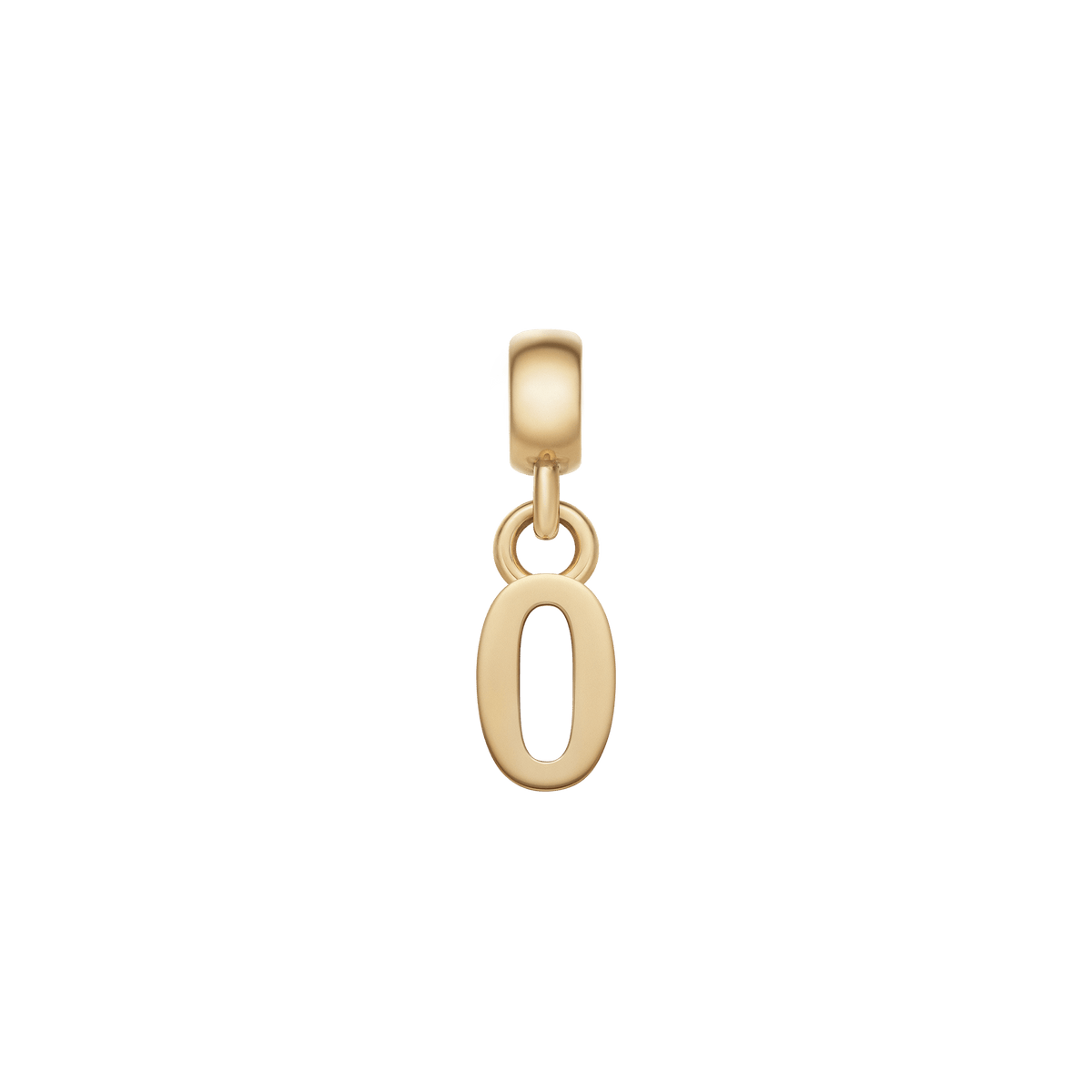 Daniel WellingtonのNumber Charm Gold「0」。楕円形のフォルムが特徴のゴールドカラー数字チャームです。ポリッシュ仕上げの表面は滑らかな光沢を放ち、上部のベイルとリングでシンプルに接続されています。