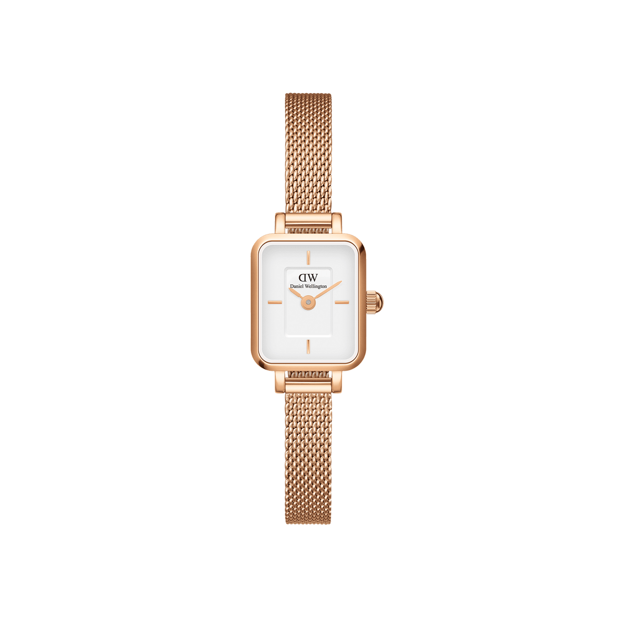 Daniel Wellington Quadro Mini Melroseの正面画像。ローズゴールドのスクエアケースにホワイトダイヤルとバーインデックスをあしらい、細やかな編み目のローズゴールドメッシュストラップを組み合わせたコンパクトな女性向け腕時計です。