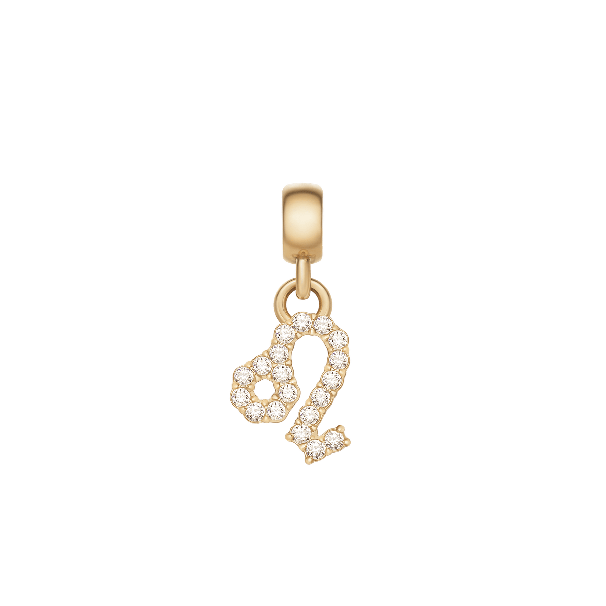 獅子座を象徴するクリスタル・ゾディアックチャーム「Gold」。キュービックジルコニアが贅沢にあしらわれ、滑らかなゴールドのベイルから揺れる上品なデザインです。