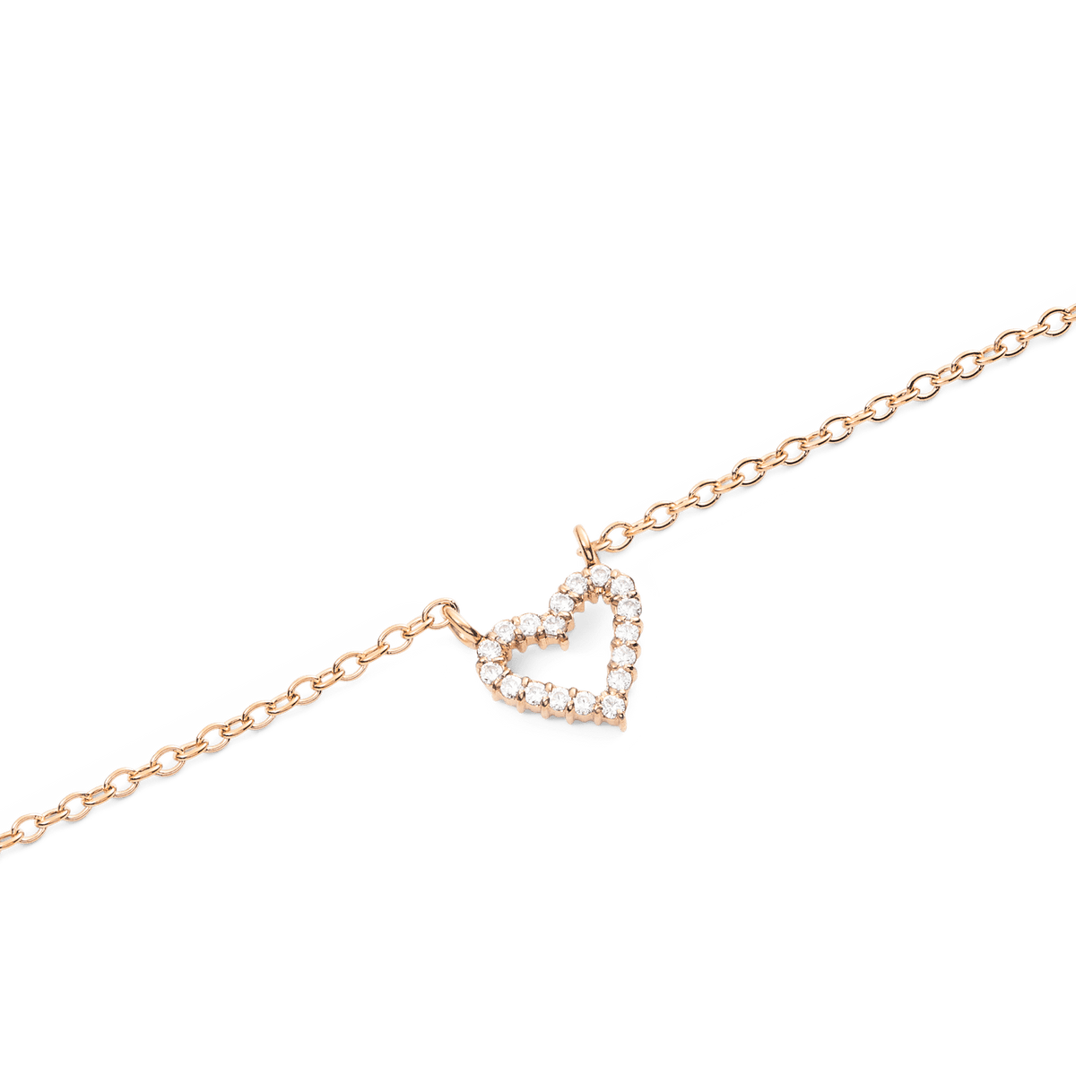 ローズゴールドのMirelle Heart Necklaceをクローズアップした画像です。ホワイトキュービックジルコニアが爪留めされたオープンハートモチーフと、繊細なチェーンのディテールが美しく映し出されています。