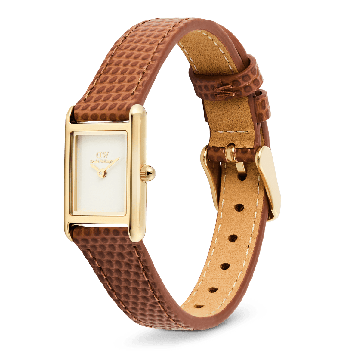 ライトブラウンのリザード型押しレザーストラップを使用したBound Mini Light Brown Lizard Goldの斜めからの全体像です。レザーの質感やホワイトステッチ、裏面のキャメルカラー、ゴールドのピンバックルなど、細部までご確認いただけます。