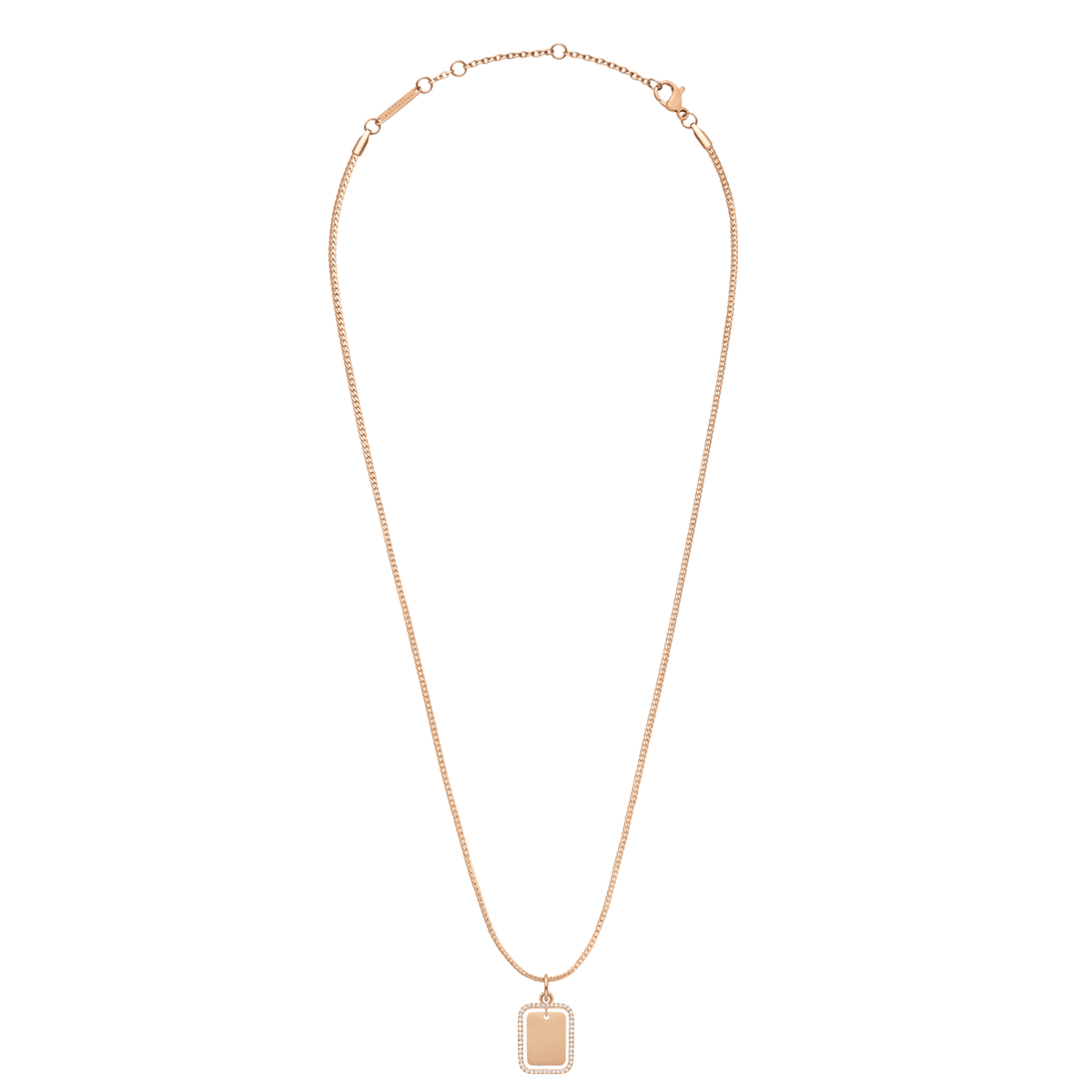 ダニエルウェリントンのRectangular Crystal Frame Pendant RGをチェーンとともに広げて置いた俯瞰画像です。ローズゴールドの細身チェーンから、クリスタルフレームがあしらわれた長方形のペンダントトップが下がっており、ネックレス全体のバランスや長さをご確認いただけます。