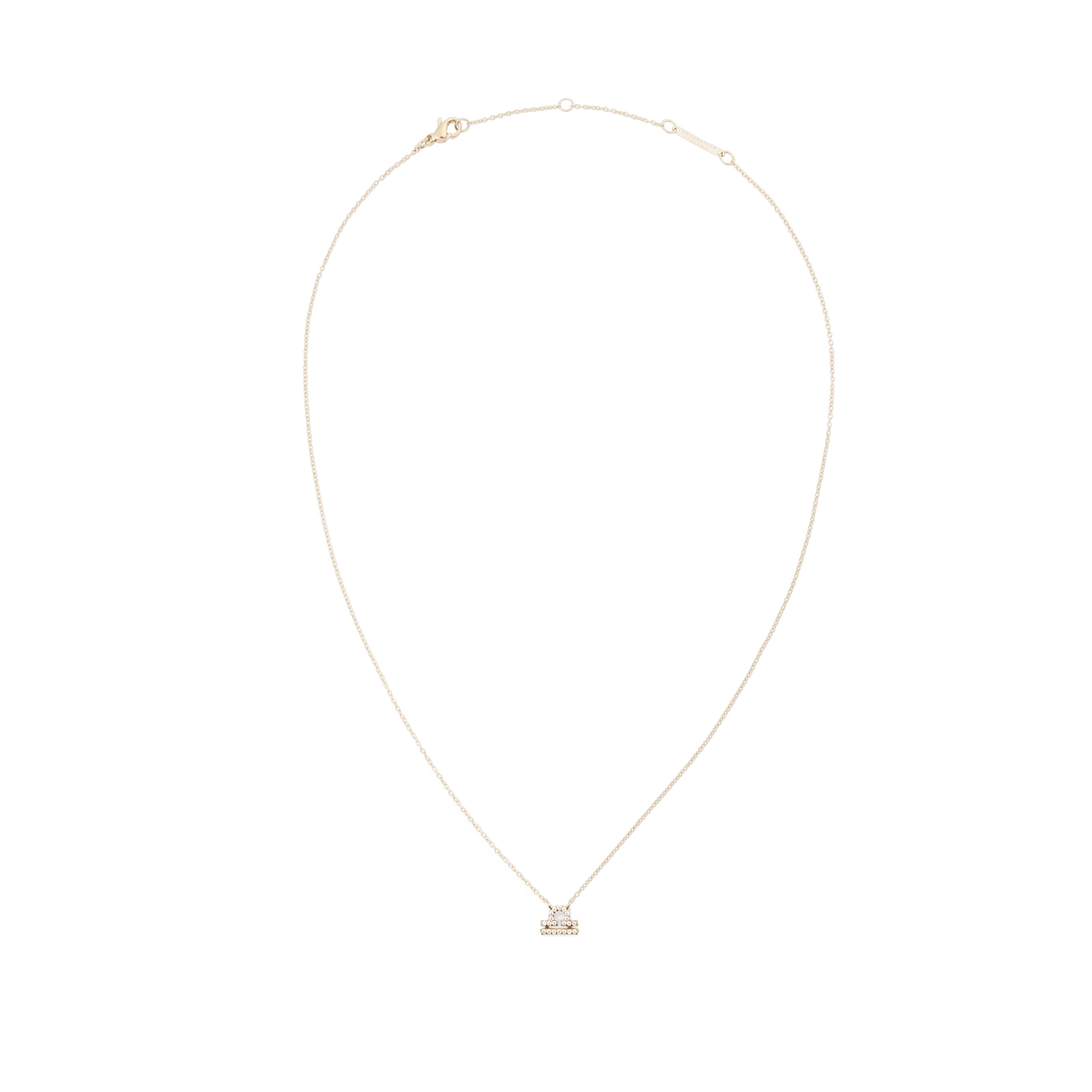水瓶座をモチーフにしたCrystal Zodiac Chain Necklace Goldの正面からの商品写真です。繊細なゴールドチェーンの曲線と、クリスタルをあしらった小ぶりなペンダントトップ、ロブスタークラスプやアジャスター部分が白い背景に映えています。