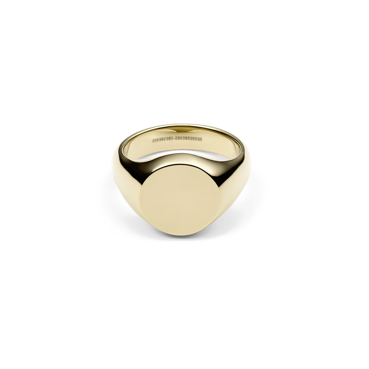 Daniel Wellington Classic Signet Ring Goldの正面画像。鏡面仕上げの円形フェイスが光を反射して輝き、フェイスからアームにかけてなめらかに細くなる立体的なシルエットが特徴です。