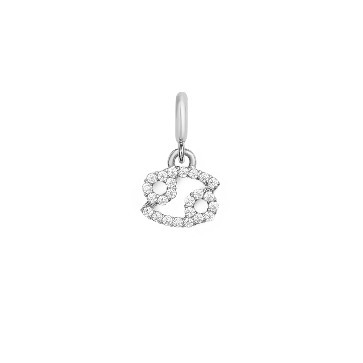 Daniel WellingtonのZodiac Watch Charm Silver 蟹座モデル。キュービックジルコニアでデザインされた蟹座のシンボルが、シルバーのリングパーツとともに白い背景に美しく映えます。