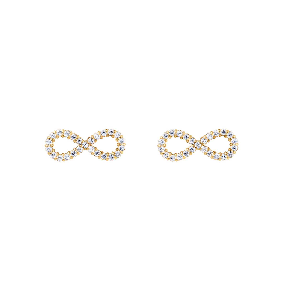ダニエルウェリントン Mirelle Infinity Earrings Goldの正面プロダクトショットです。ホワイトキュービックジルコニアが爪留めされたインフィニティモチーフのゴールドスタッドピアスが、左右一対で並んでいます。