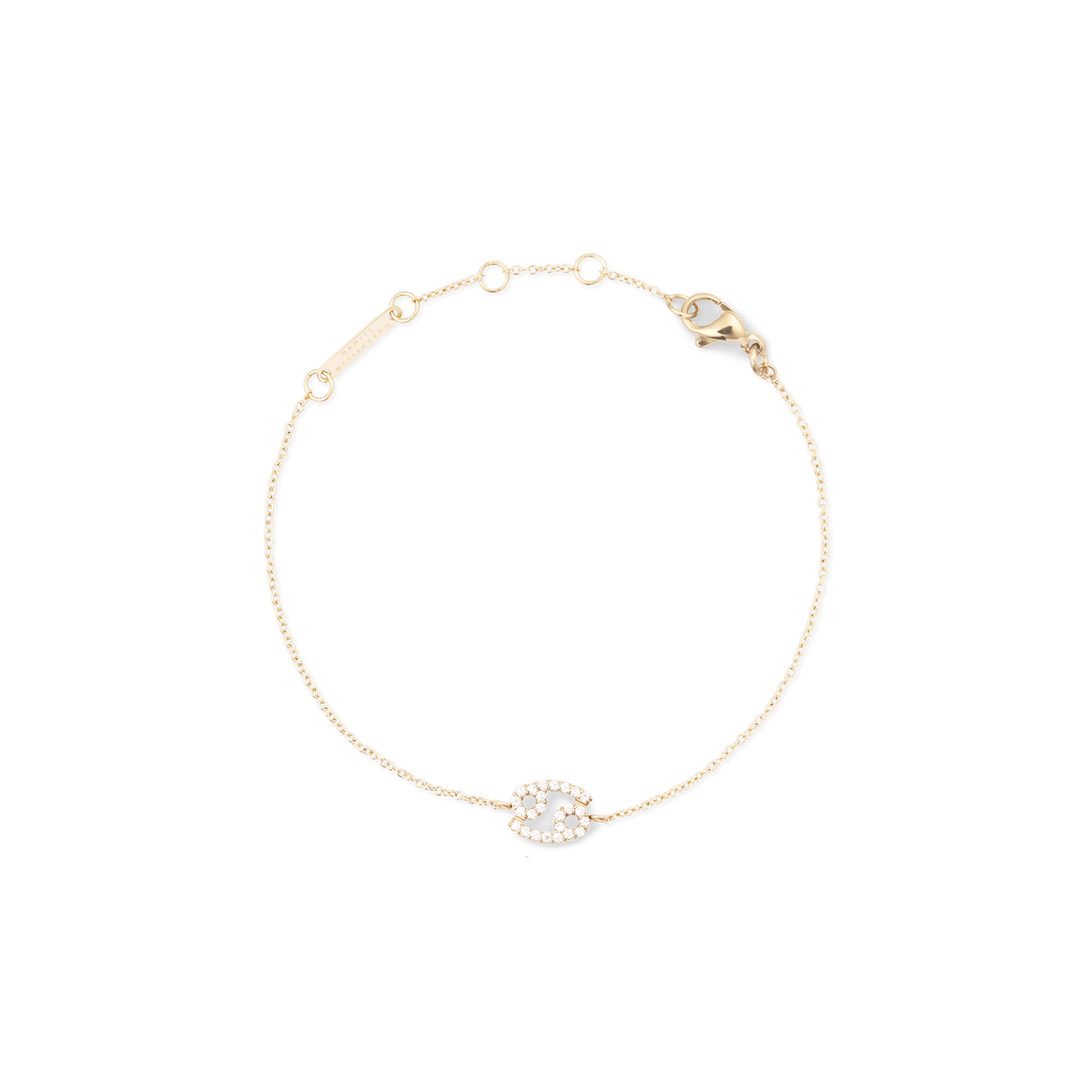 Daniel Wellington Crystal Zodiac Chain Bracelet Goldの全体像。白い背景に、ゴールドの細身チェーンが円を描くように配置され、中央にはかに座のモチーフをあしらったクリスタルペンダントがあしらわれています。アジャスターリングとロブスタークラスプも確認できます。