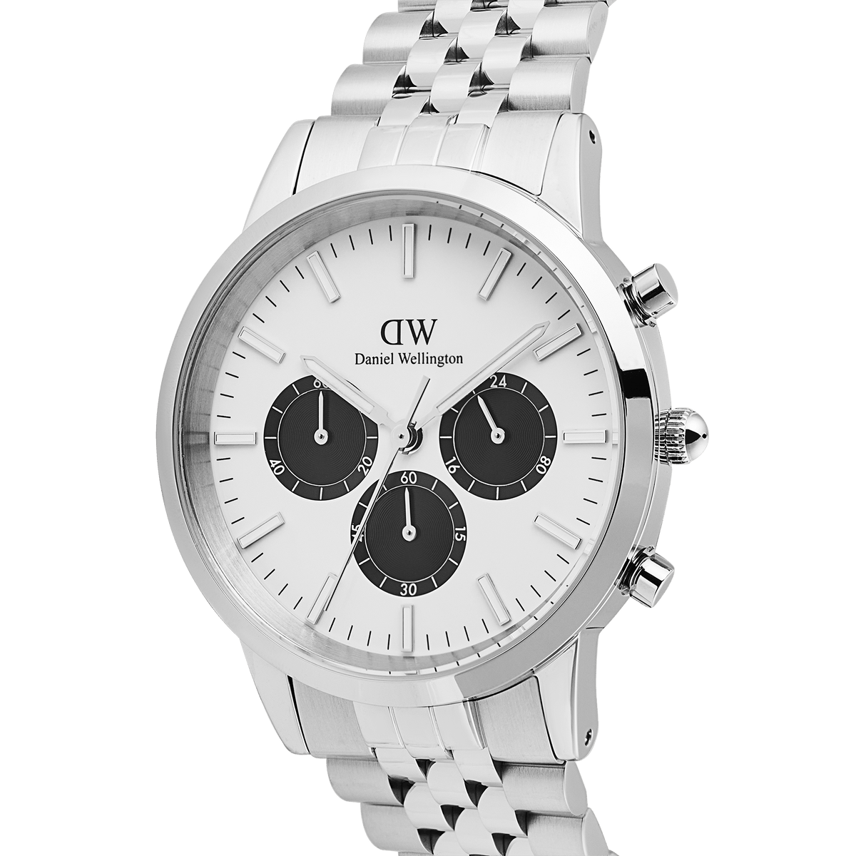Daniel WellingtonのIconic Chronograph Arch 5-Linkをダイヤル正面からクローズアップ。オフホワイトのパンダダイヤルに、CDパターンのブラックサブダイヤルが映え、右側にはクロノグラフプッシャーとリューズが並ぶシルバーケースの造形が際立ちます。
