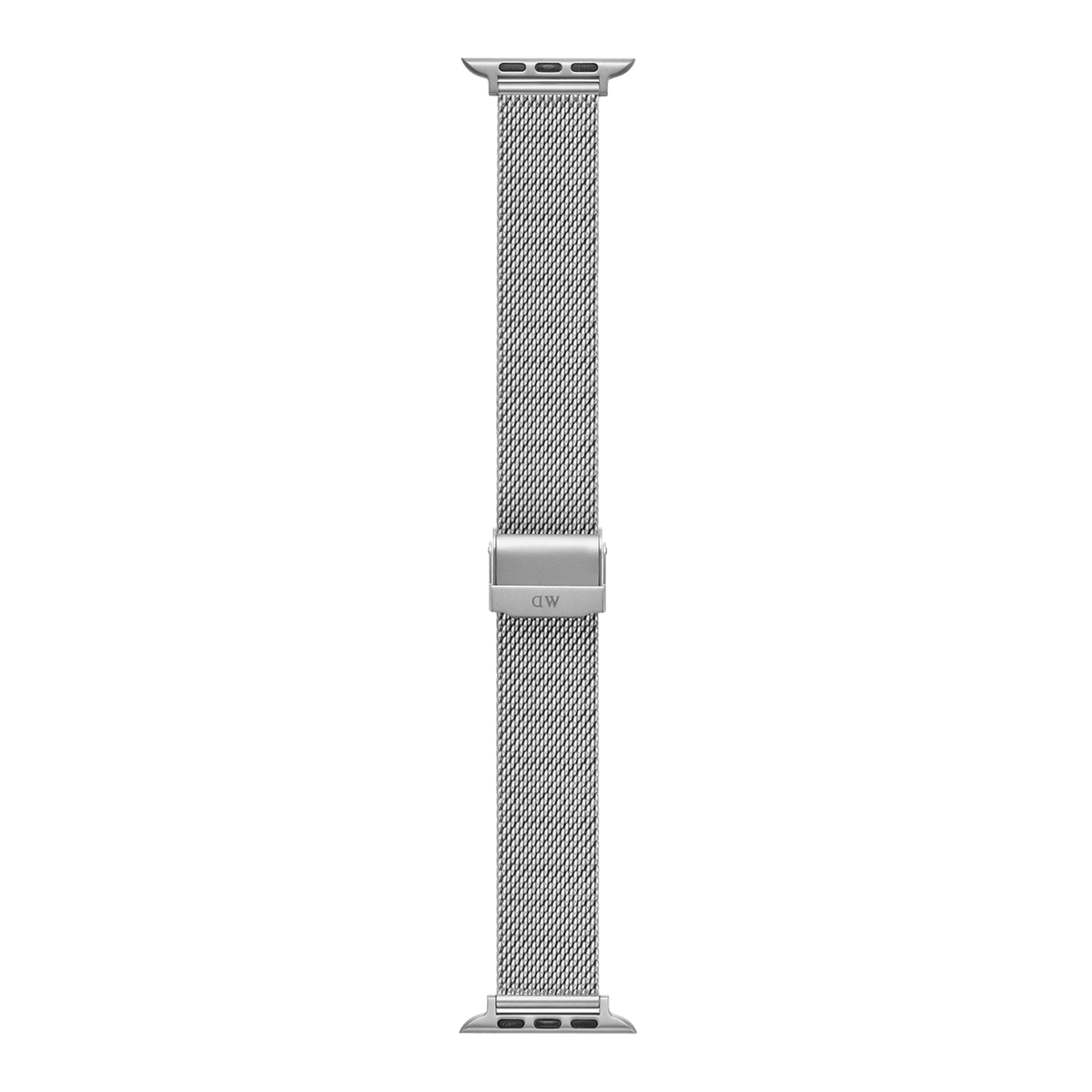 Daniel Wellington Smartwatch Strap Sandblasted Mesh Silverの全体像です。Apple Watch用コネクター付きのシルバーメッシュストラップを白背景に広げた状態で、サンドブラスト加工による落ち着いたマットな質感と、均一で細やかな編み込みがご覧いただけます。