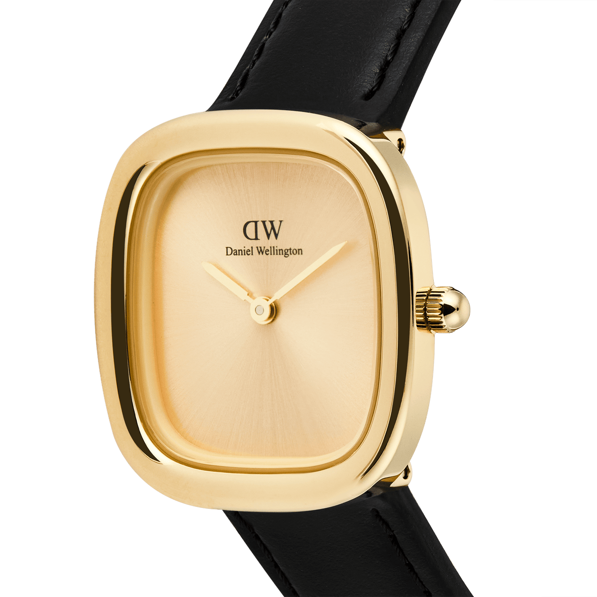 Margot Sheffield Unitone Sunray Goldのダイヤルをクローズアップした画像です。インデックスのないゴールドのサンレイ文字盤には、中心から放射状に広がる繊細な光沢が特徴的で、ポリッシュ仕上げのクッションケースとゴールドのリューズが映えています。