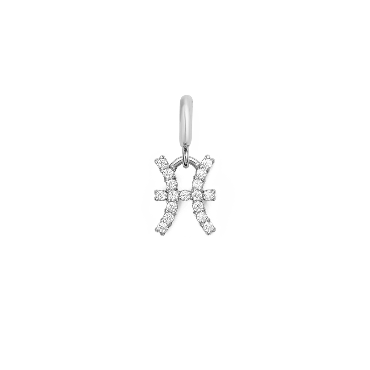 Zodiac Watch Charm Silverの魚座モデルを白背景で撮影した商品画像です。二匹の魚をモチーフにしたデザインに、無鉛キュービックジルコニアが1粒ずつ丁寧にセットされ、シルバーカラーのリングパーツと美しく調和しています。