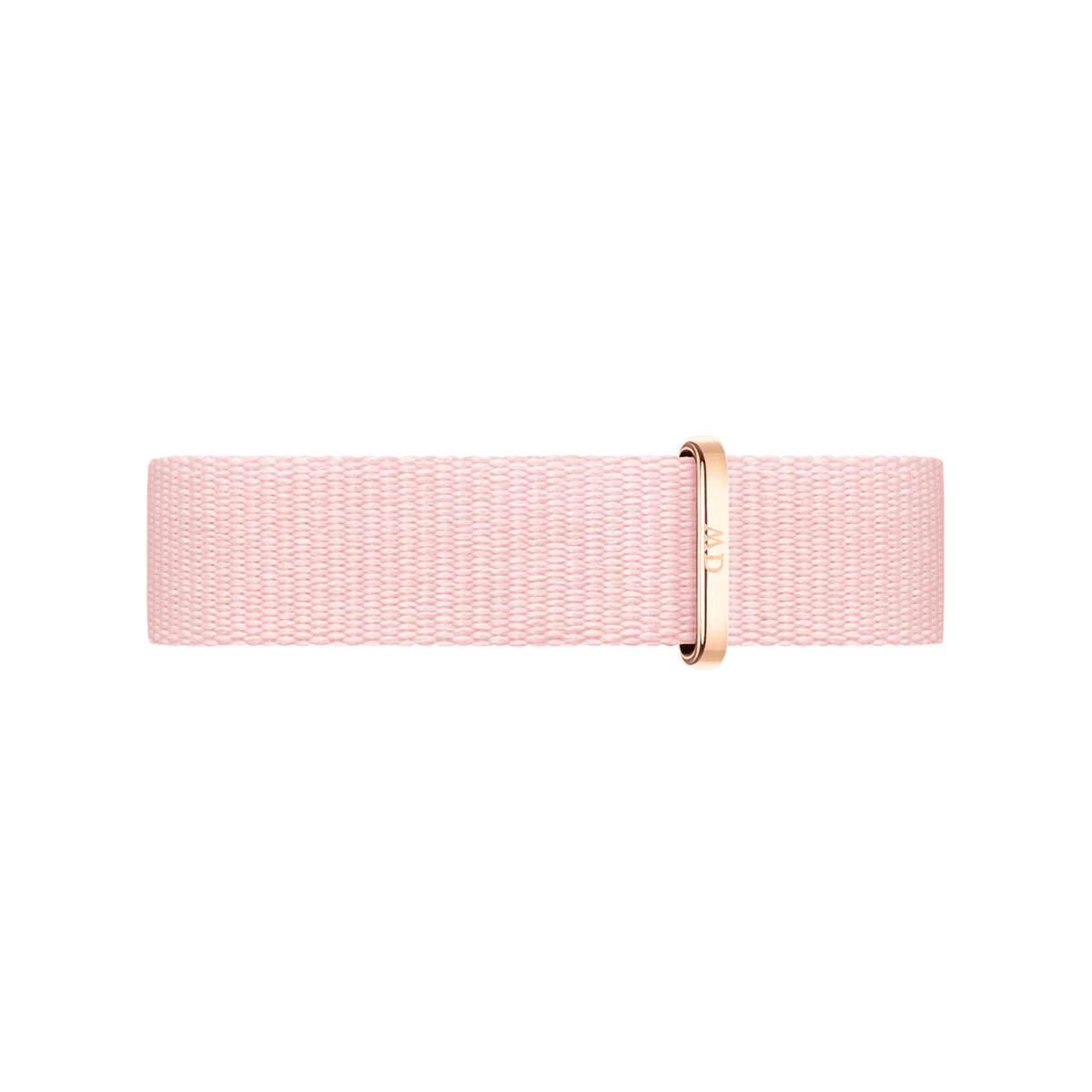 Daniel Wellington Rosewater Strapのローズゴールド部分をクローズアップした画像です。淡いピンクのNATO生地の均一な織り目と、ロゴ入りローズゴールド製キーパーの丸みを帯びたフォルムがご覧いただけます。