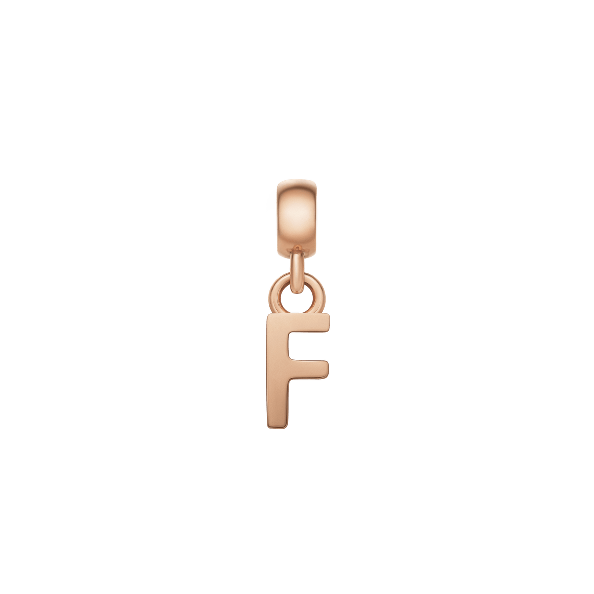 Daniel WellingtonのLetter Charm Rose Goldは、アルファベット「F」のイニシャルをモチーフにしたチャームです。光沢のあるローズゴールドカラーが上品な輝きを放ち、白を基調としたプロダクト写真でも美しく映えます。