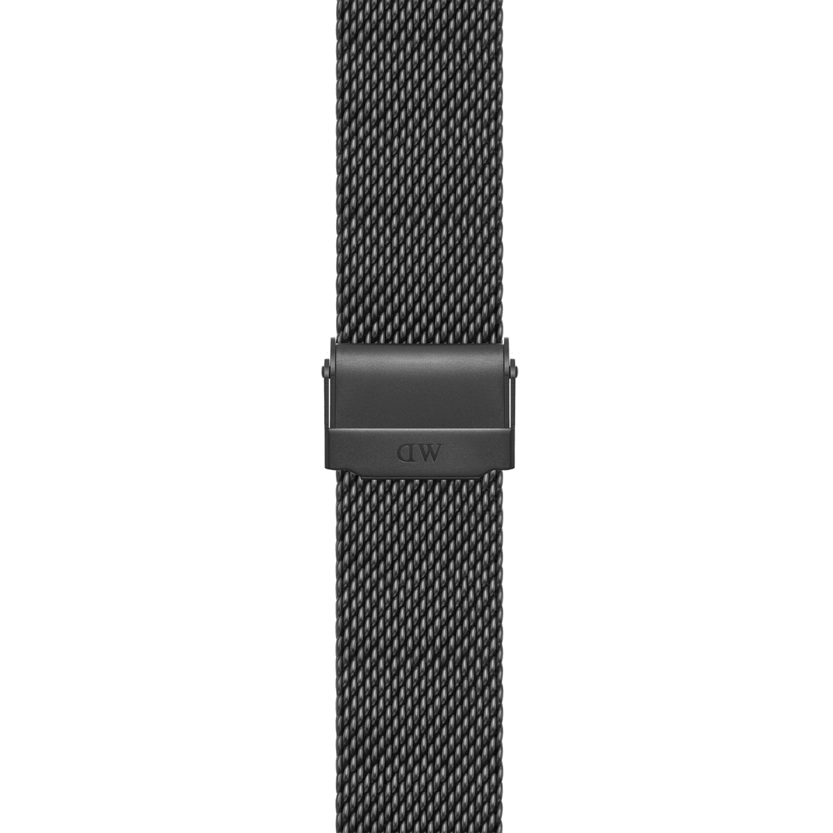 スマートウォッチストラップ「Smartwatch Strap Sandblasted Mesh Black」のバックル部分をクローズアップした画像です。マットなブラック仕上げのクラスプ表面にはDaniel Wellingtonのロゴが刻印され、緻密に編み込まれたメッシュの質感が細部まで確認できます。
