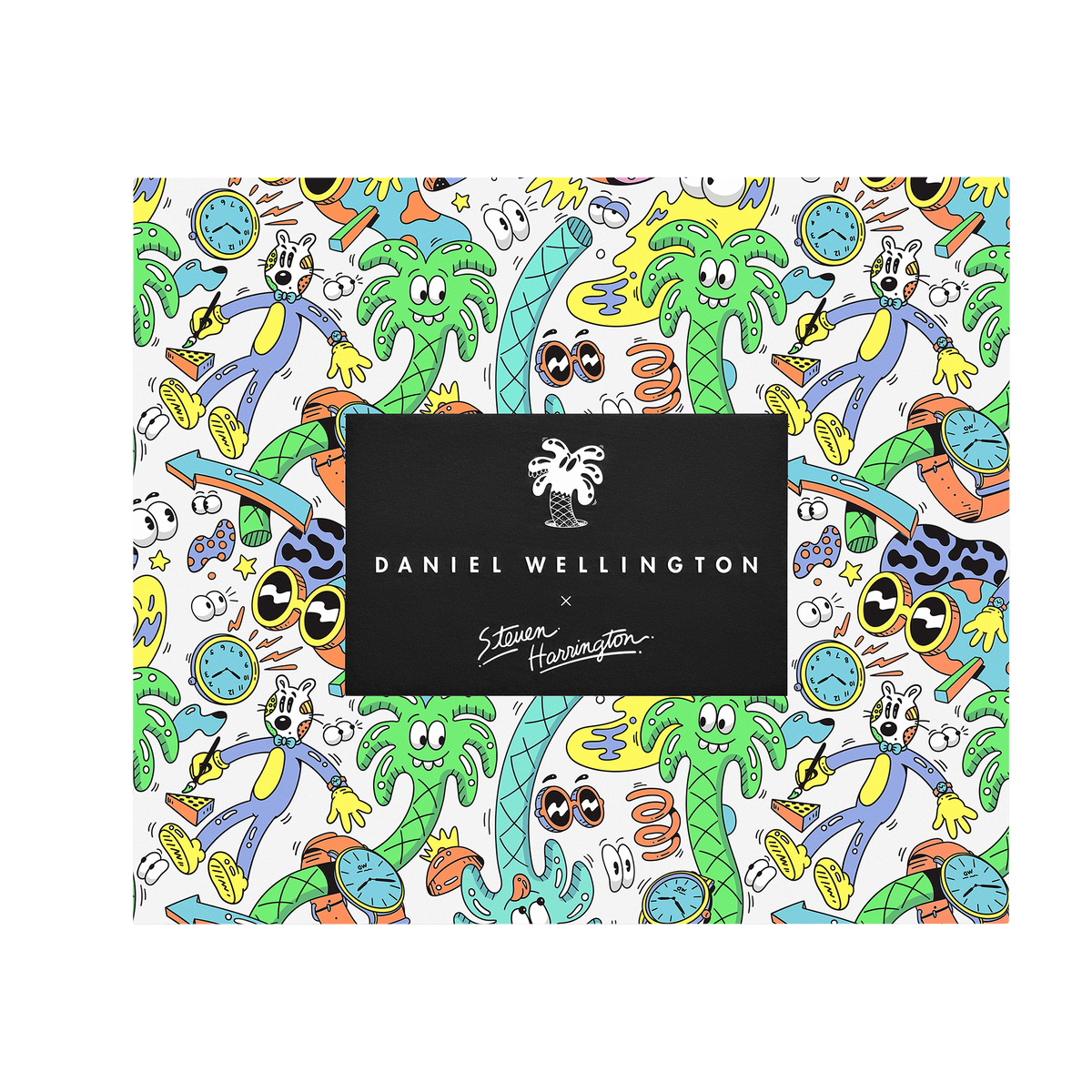 Daniel Wellington × Steven Harringtonのコラボレーション限定ギフトボックス。ホワイトの地に、グリーンのヤシの木やサングラスをかけたキャラクター、腕時計のモチーフなど、カラフルなポップアートが全面に描かれています。中央のブラックパネルにはブランドロゴとアーティストのサインが配置されたデザインです。