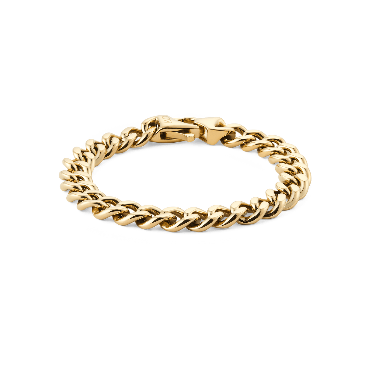 ダニエルウェリントン Ellipse Cuban Chain Braceletのゴールドカラー単体画像です。研磨されたキューバンチェーンのリンクとロブスタークラスプが確認でき、重厚感のある仕上がりが白背景に映えています。