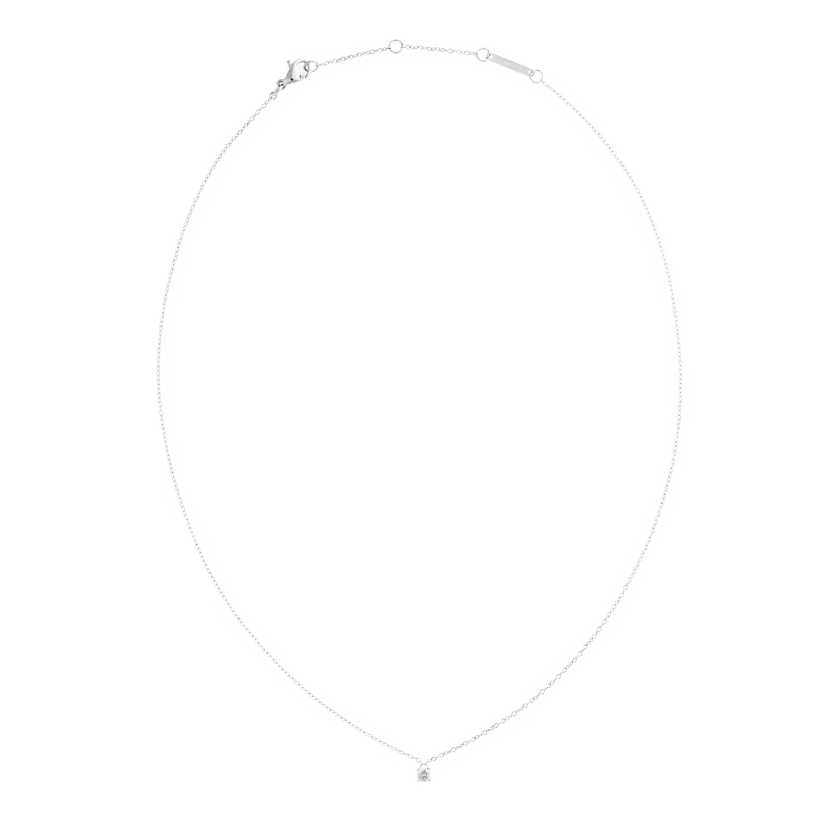 ダニエルウェリントン Mirelle Solitaire Necklace Silverの全体像。繊細なシルバーチェーンの先端に一粒のジルコニアが揺れる、アジャスター付きのシンプルなデザインを白背景で撮影した商品画像です。
