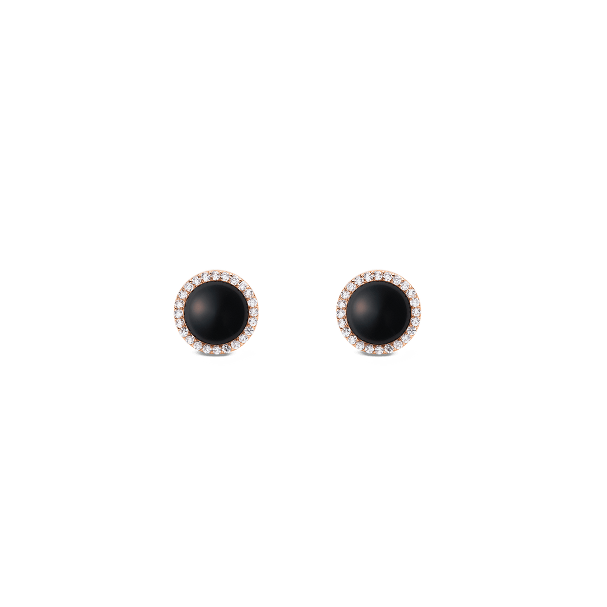 Daniel Wellington Audrey Earrings Black Agathe Rose Goldのスタッドピアス。ドーム型にカットされた黒メノウをホワイトキュービックジルコニアのハローセッティングが縁取り、ローズゴールドの台座が上品な温かみを演出します。