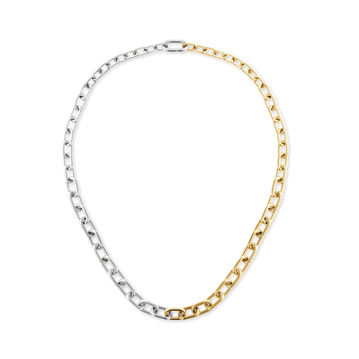Daniel Wellington Contrast Link Necklace Two Tone Goldの全体像です。シルバーとイエローゴールドのポリッシュ仕上げが半分ずつ連なる、構築的なチェーンデザインとなっています。白い背景に円を描くように配置されています。